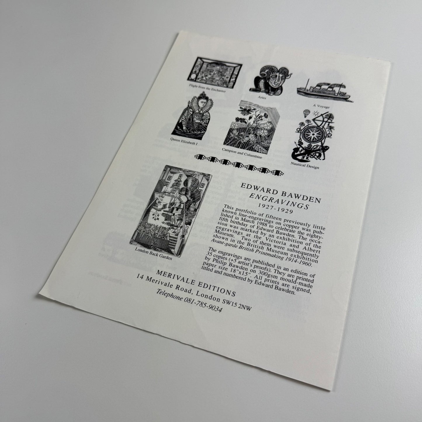 Leaflet and order form for Edward Bawden Linocuts. Merivale Editions, c.1988