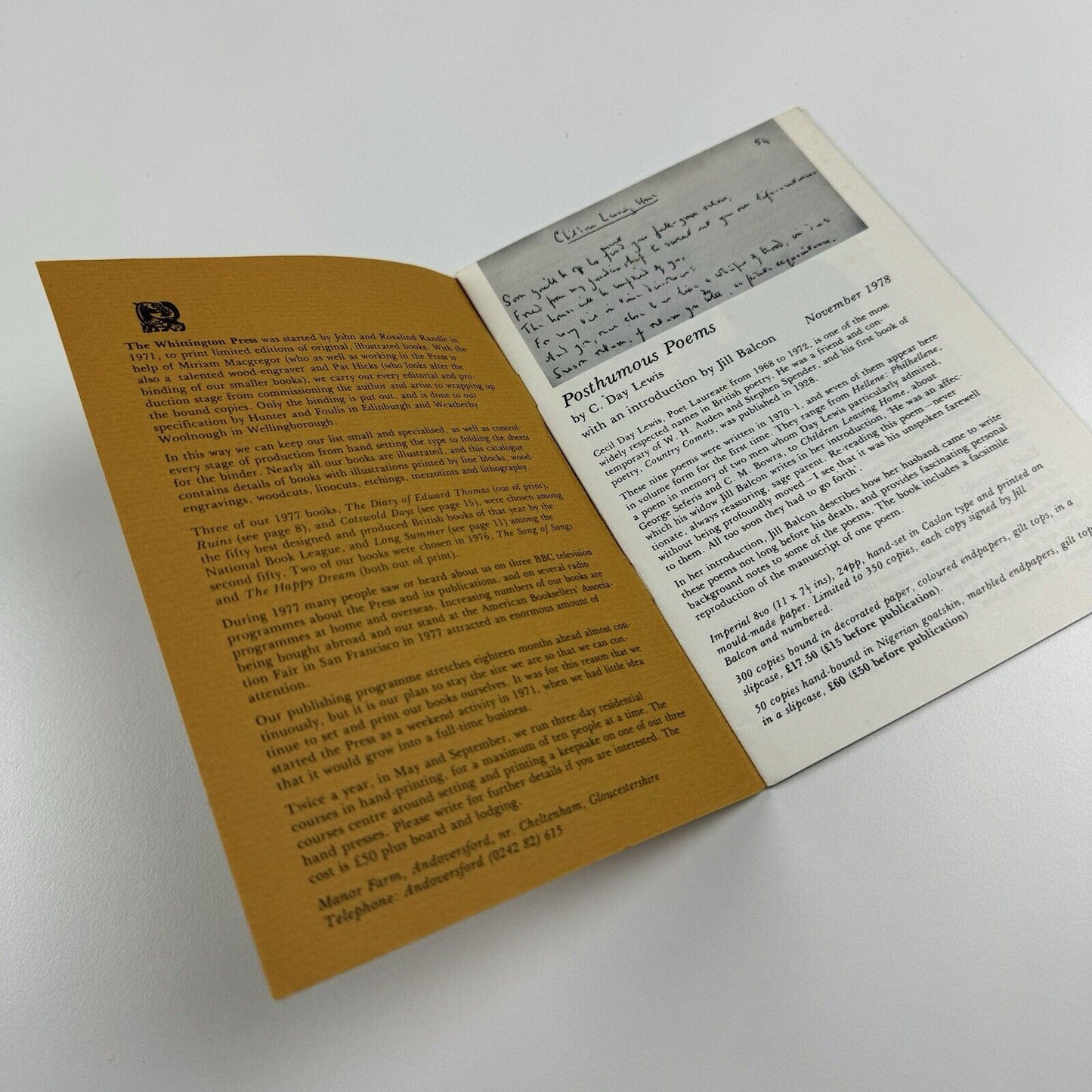 The Whittington Press | Publications 1978-9 | Second edition leaflet