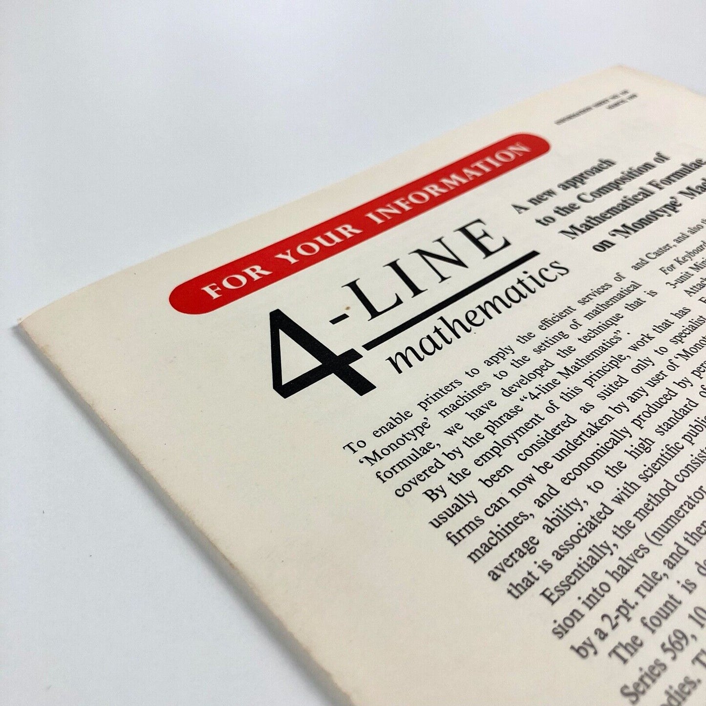 4-Line Mathematics | Monotype information sheet, No 156, March 1959