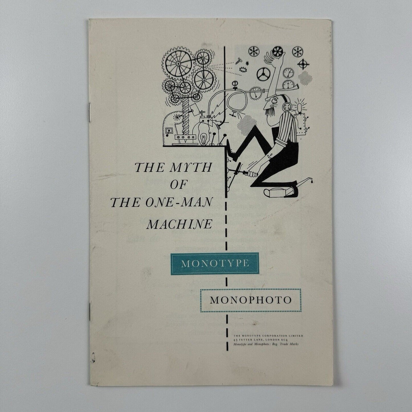 Leaflet The myth of the one-man machine. Monotype Monophoto | Peter Kneebone illustrations, undated