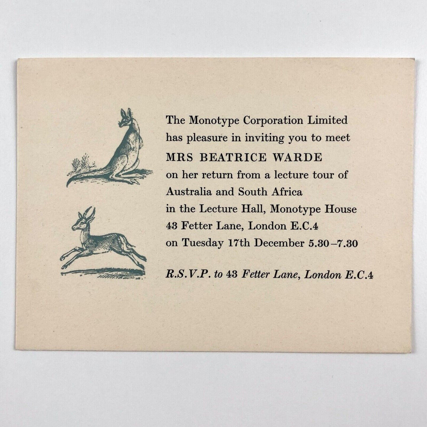 Monotype Corporation invitation card Beatrice Warde 1957