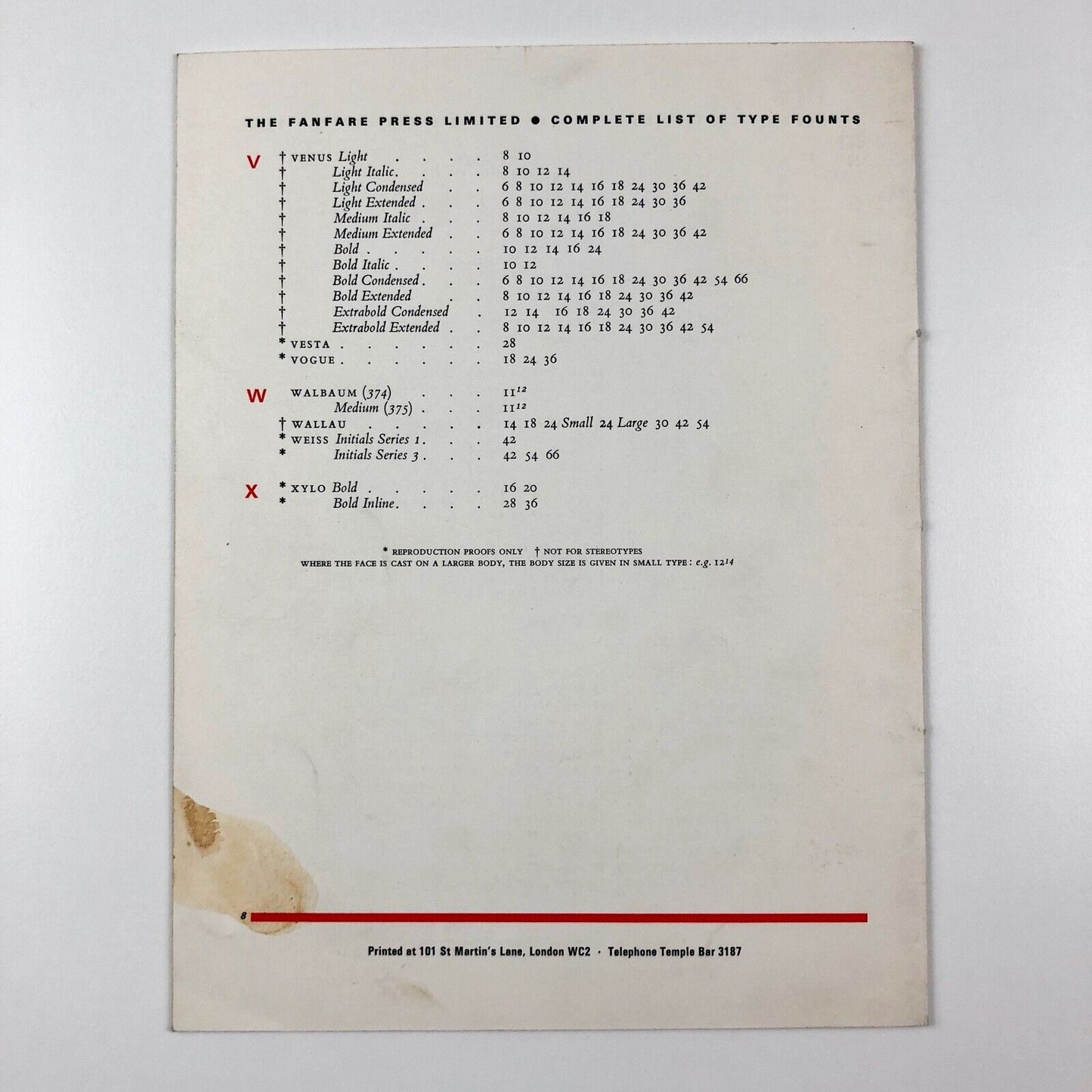 Type founts and sizes held at The Fanfare Press | Type specimen leaflet