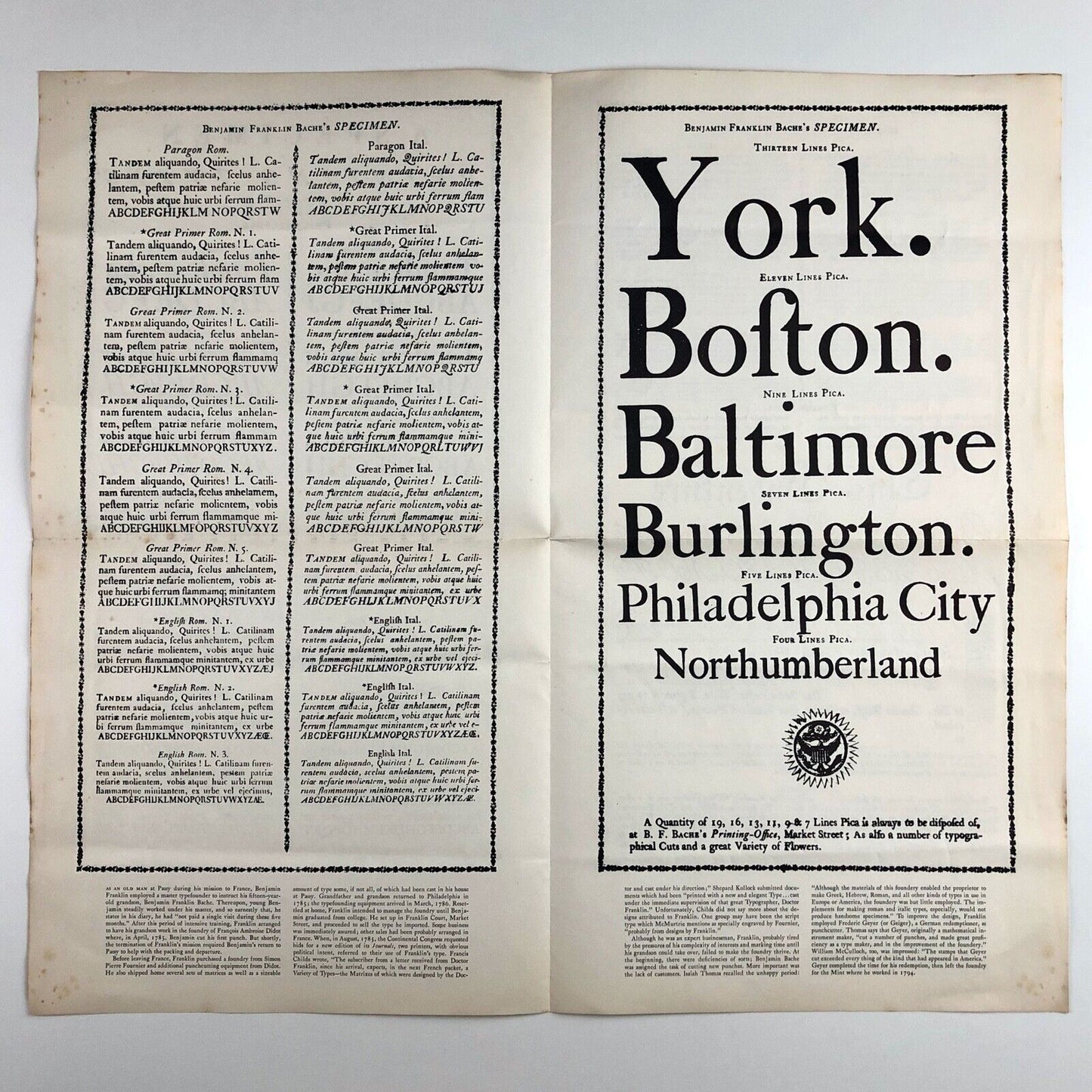 Keepsake presented to the Friends of The Composing Room, Inc. A Specimen of Printing Types Benjamin Franklin Bache's Printing Office