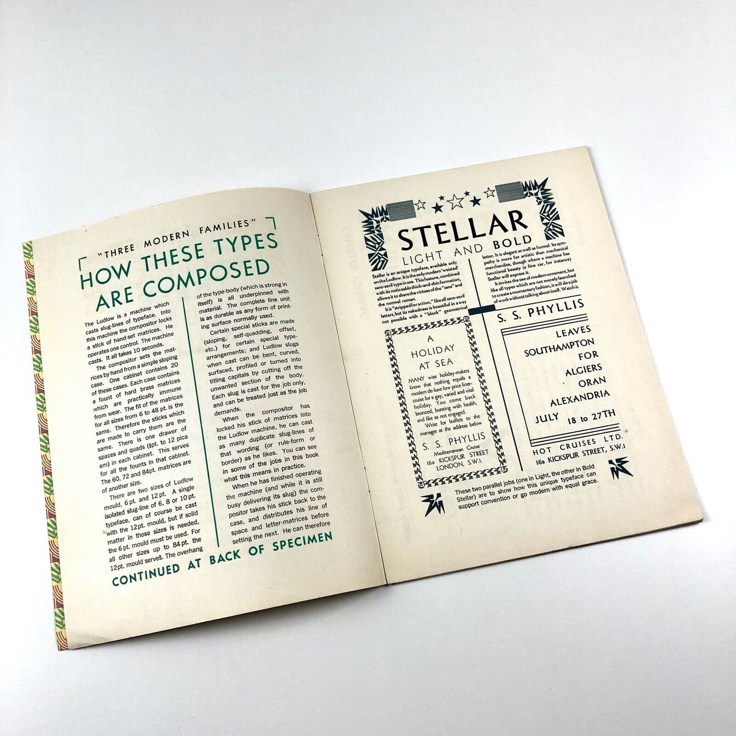 Three Modern Families: Stellar Karnak Tempo | Ludlow type specimen booklet, 1933