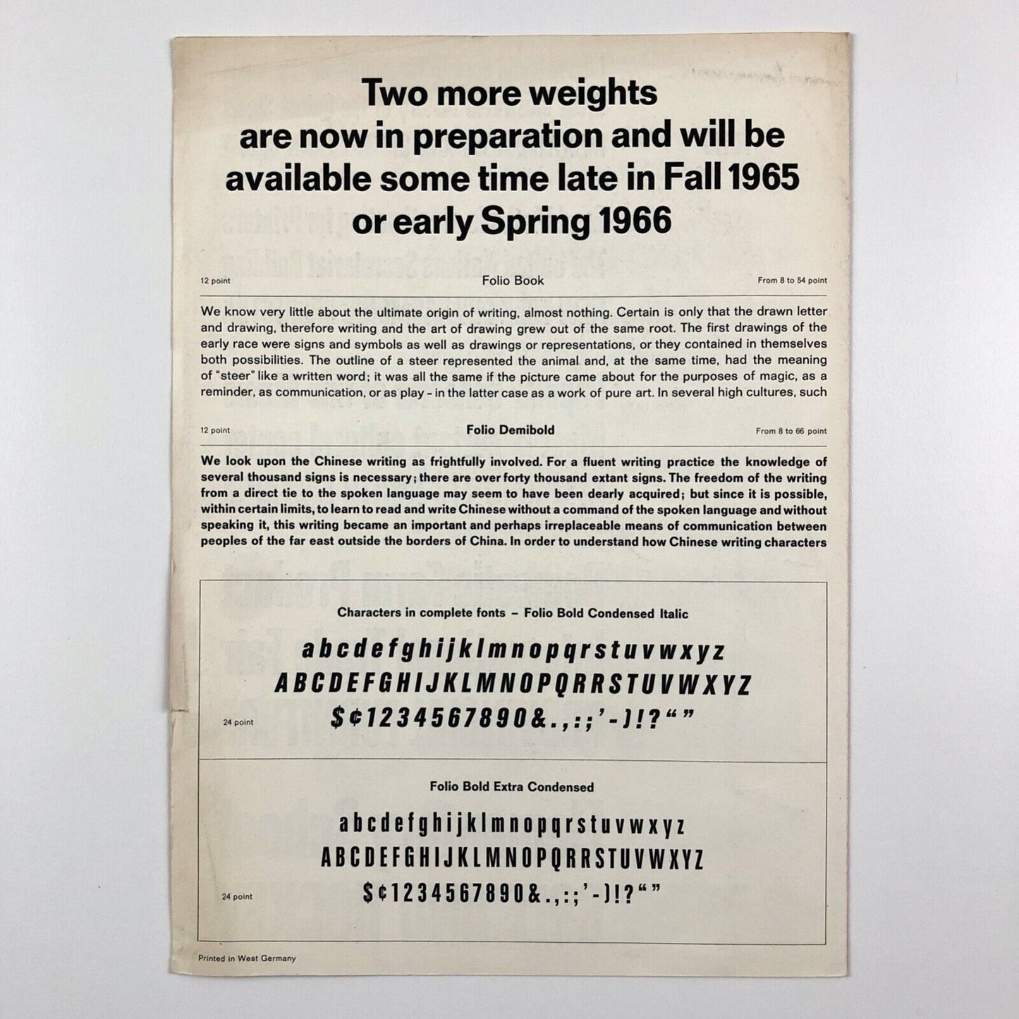 Folio Bold Extra Condensed / Italic | Bauer Alphabets Inc, type specimen leaflet