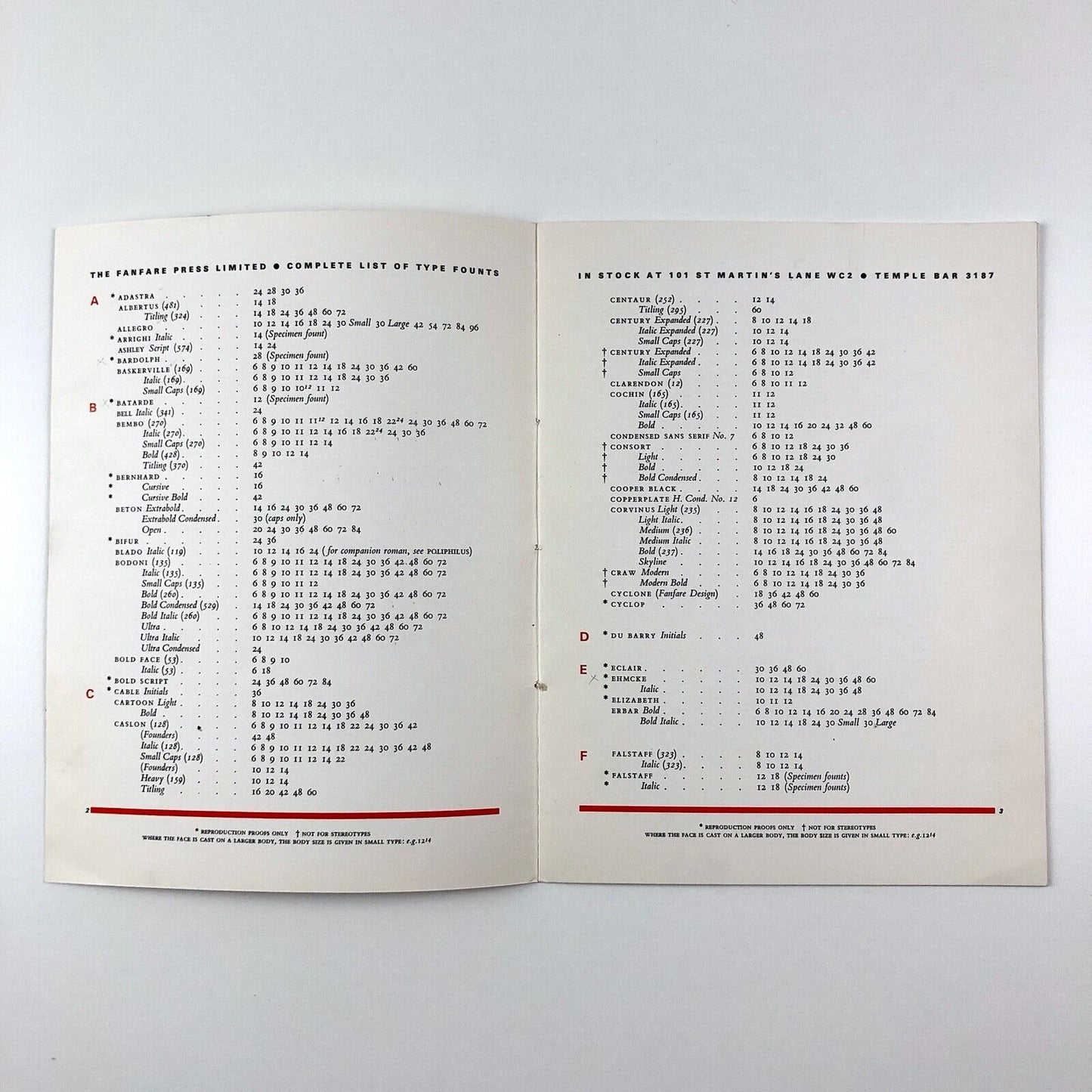 Type founts and sizes held at The Fanfare Press | Type specimen leaflet