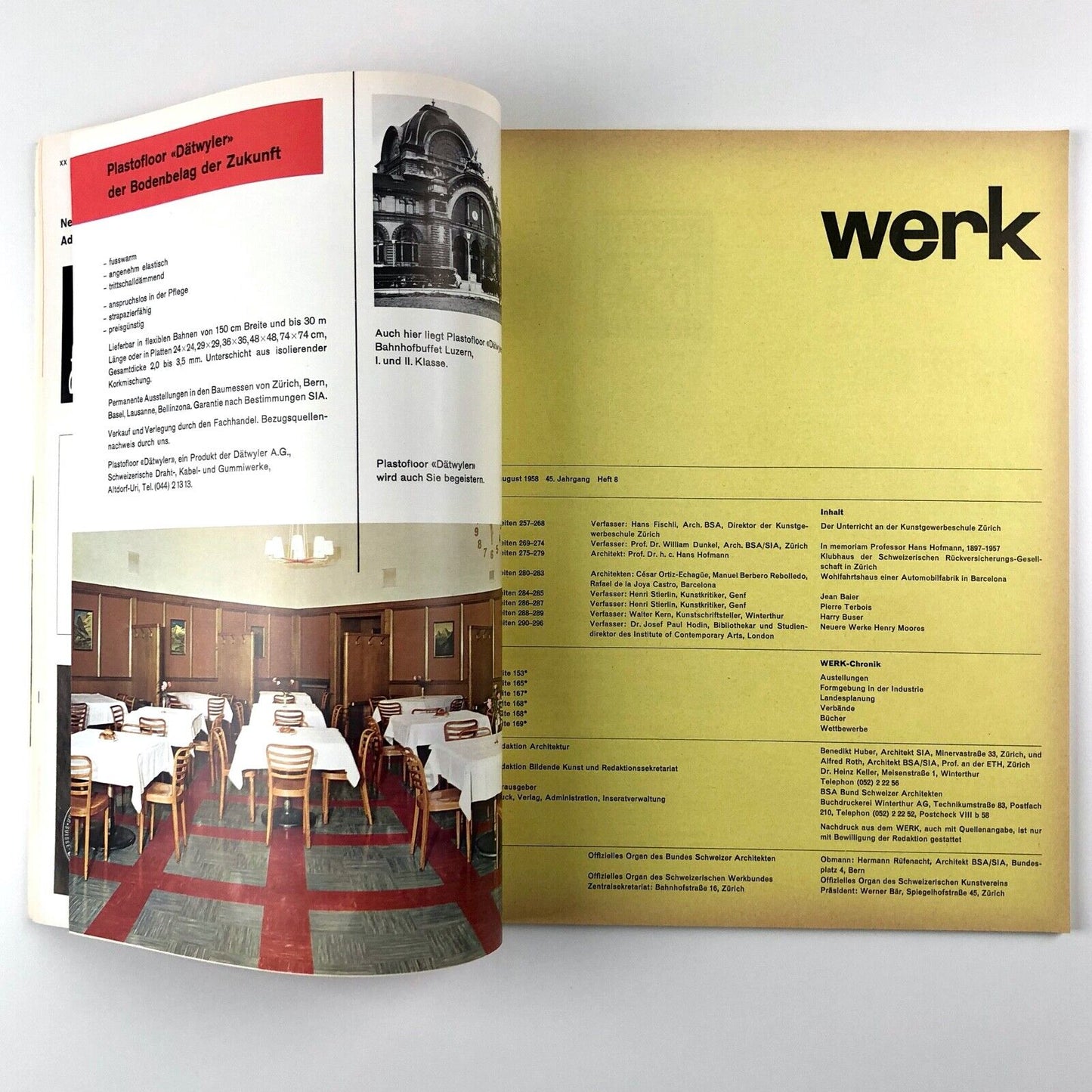Werk 8. Schweizer Monatsschrift für Architektur, Kunst Künstlerisches Gewerbe 45, August 1958