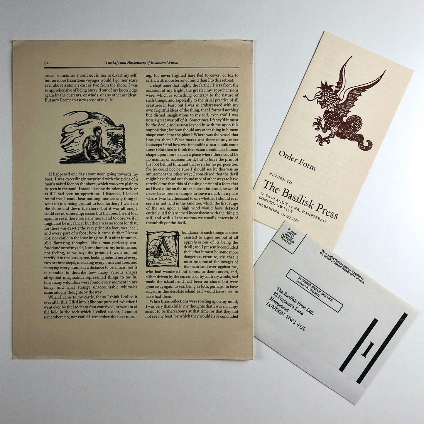 Prospectus for Daniel Defoe, Robinson Crusoe | Basilisk Press| illustrations by Edward Gordon Craig