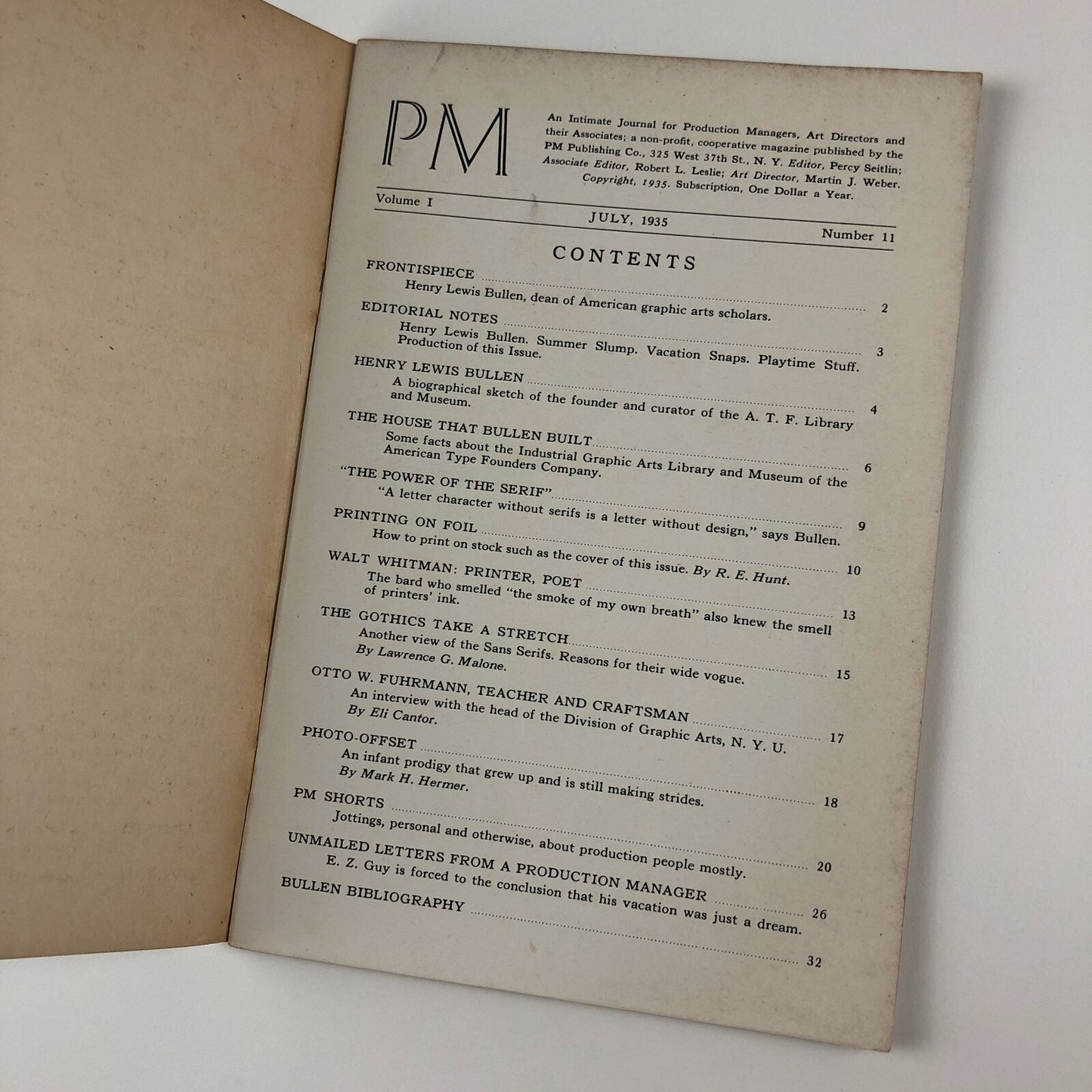 PM - An Intimate Journal for Art Directors, July 1935, Vol I, No. 11 | Walt Whitman