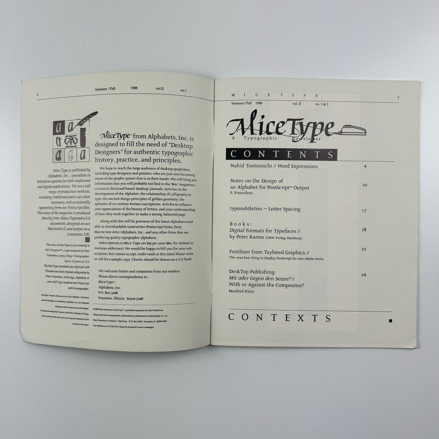 MiceType Alphabets Inc. Summer/Fall 1988 | Volume II, no. 1&2