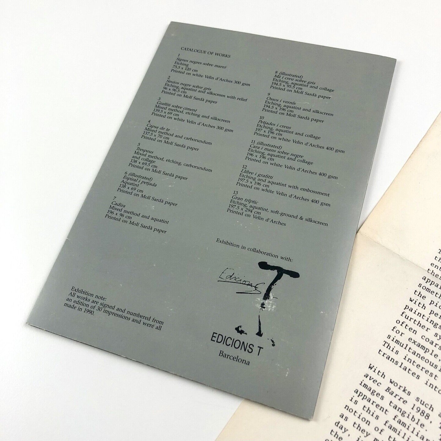 Folding card for Antoni Tapies Redfern Gallery 1992 | also typed insert for Antoni Tapies Sculpture Waddington Galleries 1991
