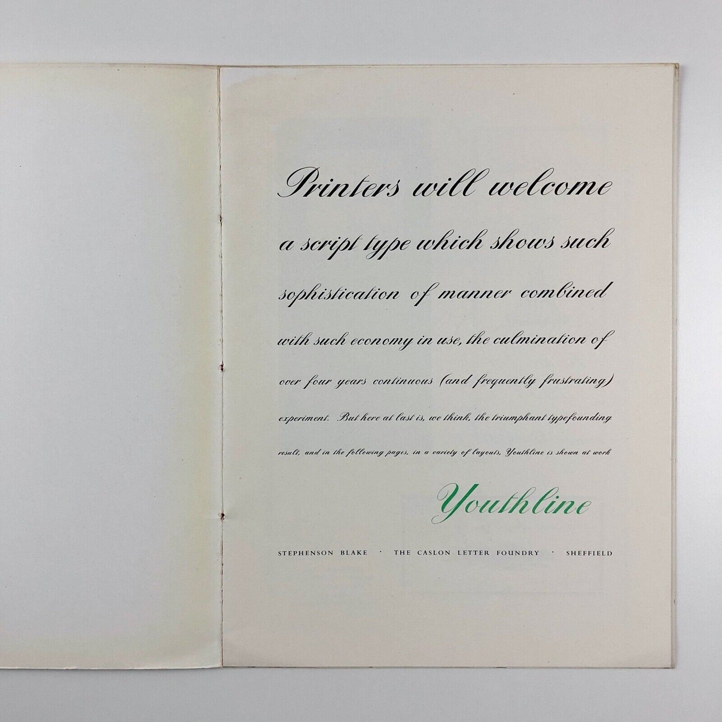 Youthline script type | Stephenson Blake | Type specimen booklet, undated