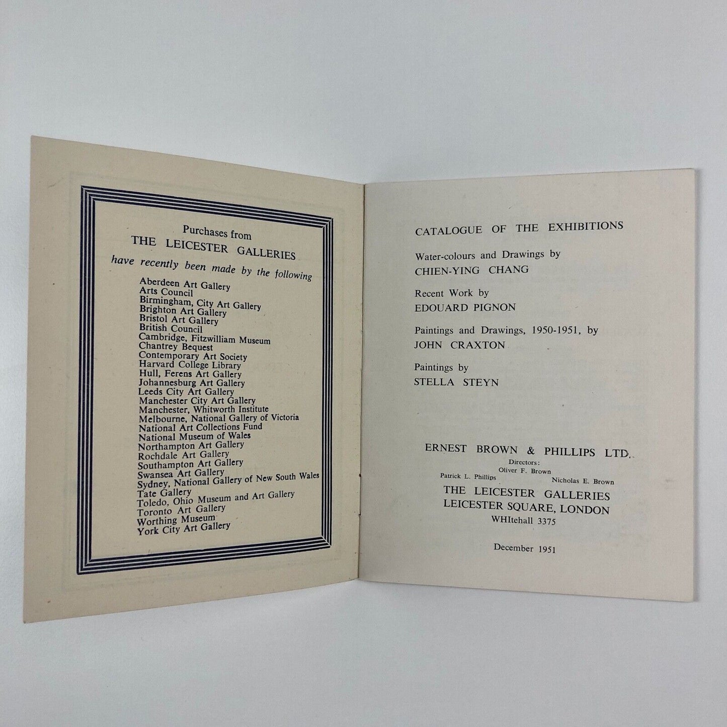 Chien-Ying Chang, Edouard Pignon, John Craxton, Stella Steyn | Leicester Galleries, Ernst Brown & Philips Ltd, December 1951 exhibitions 974-977