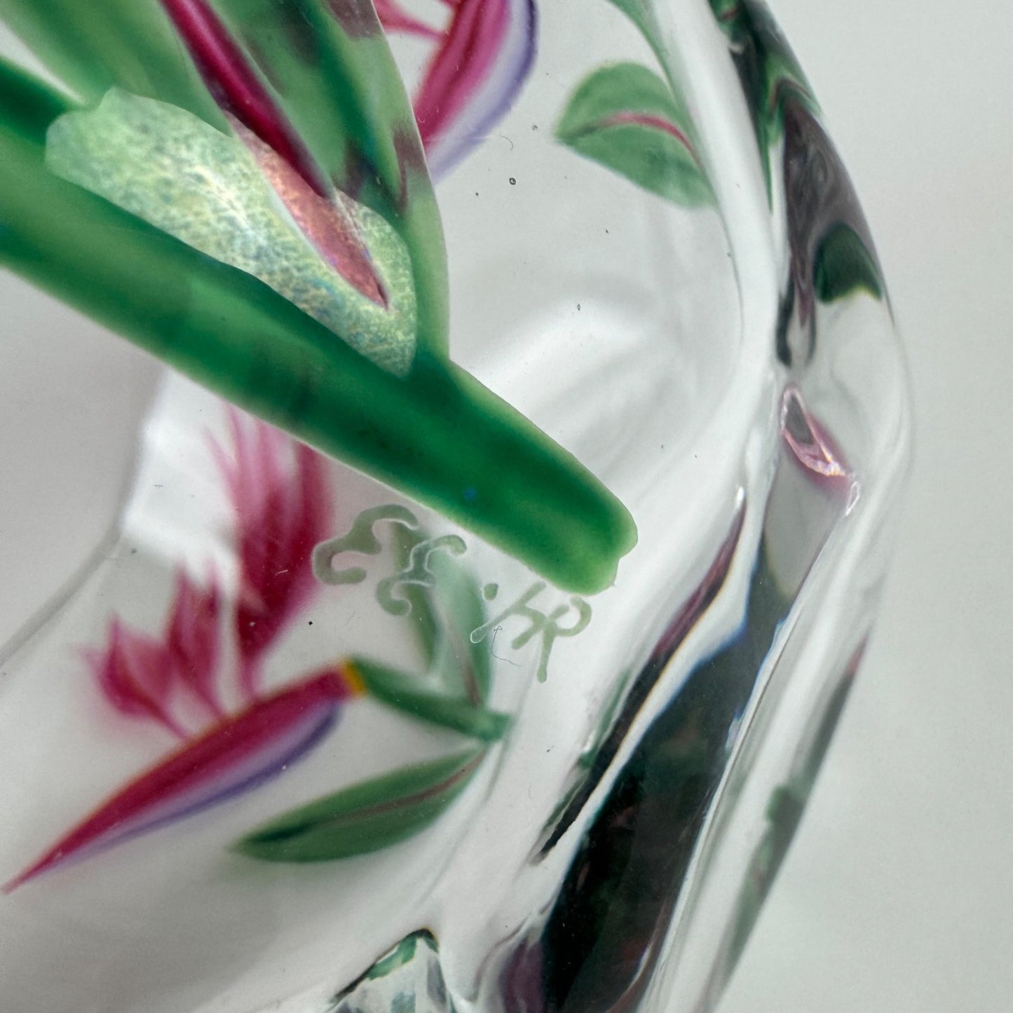 Glass bowl by Orrefors | Swedish, Birds of Paradise flower motif by Eva Englund, believed to be 1980s