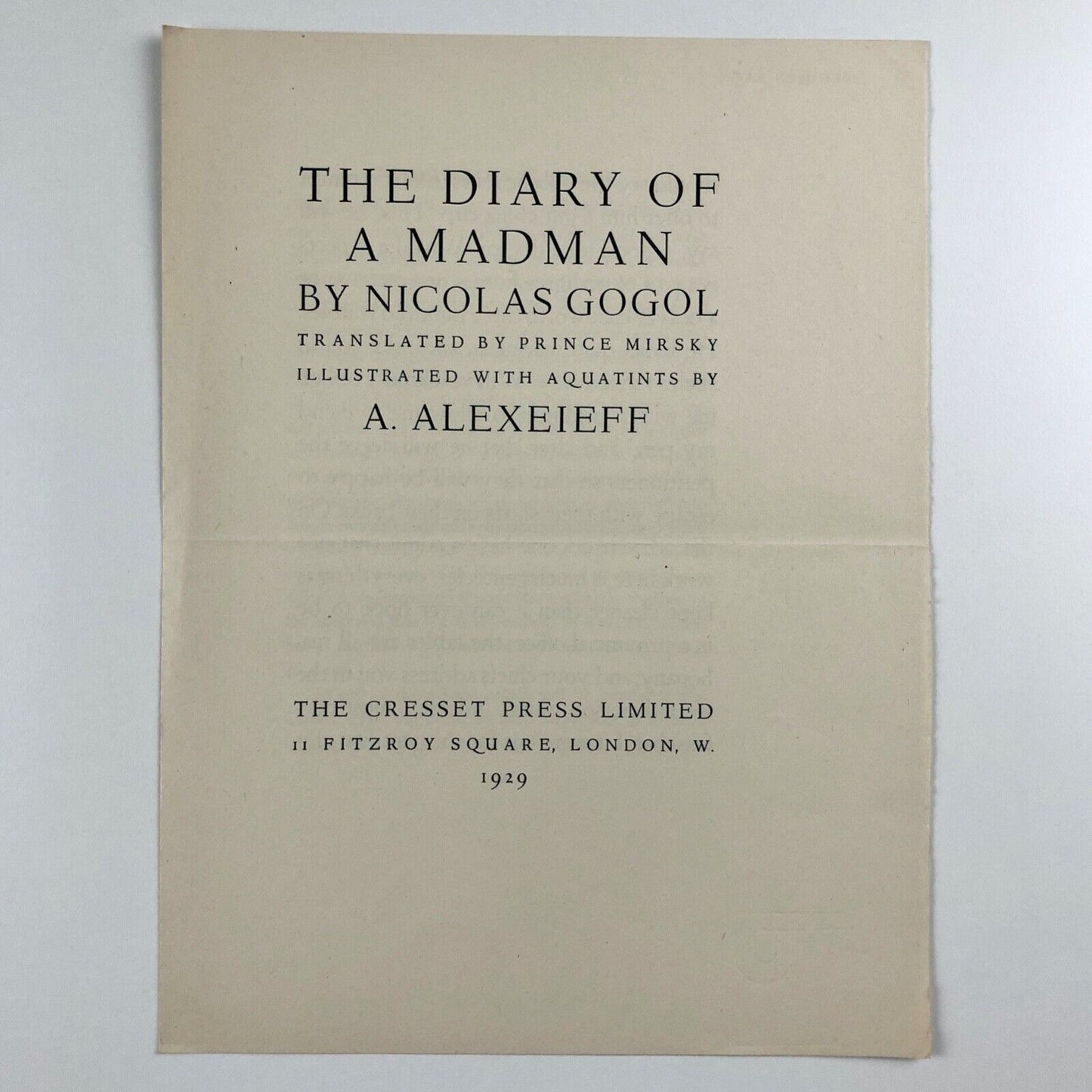 Prospectus for The Diary of a Madman by Nicolas Gogol with aquaitints by A. Alexeieff | The Cresset Press 1929