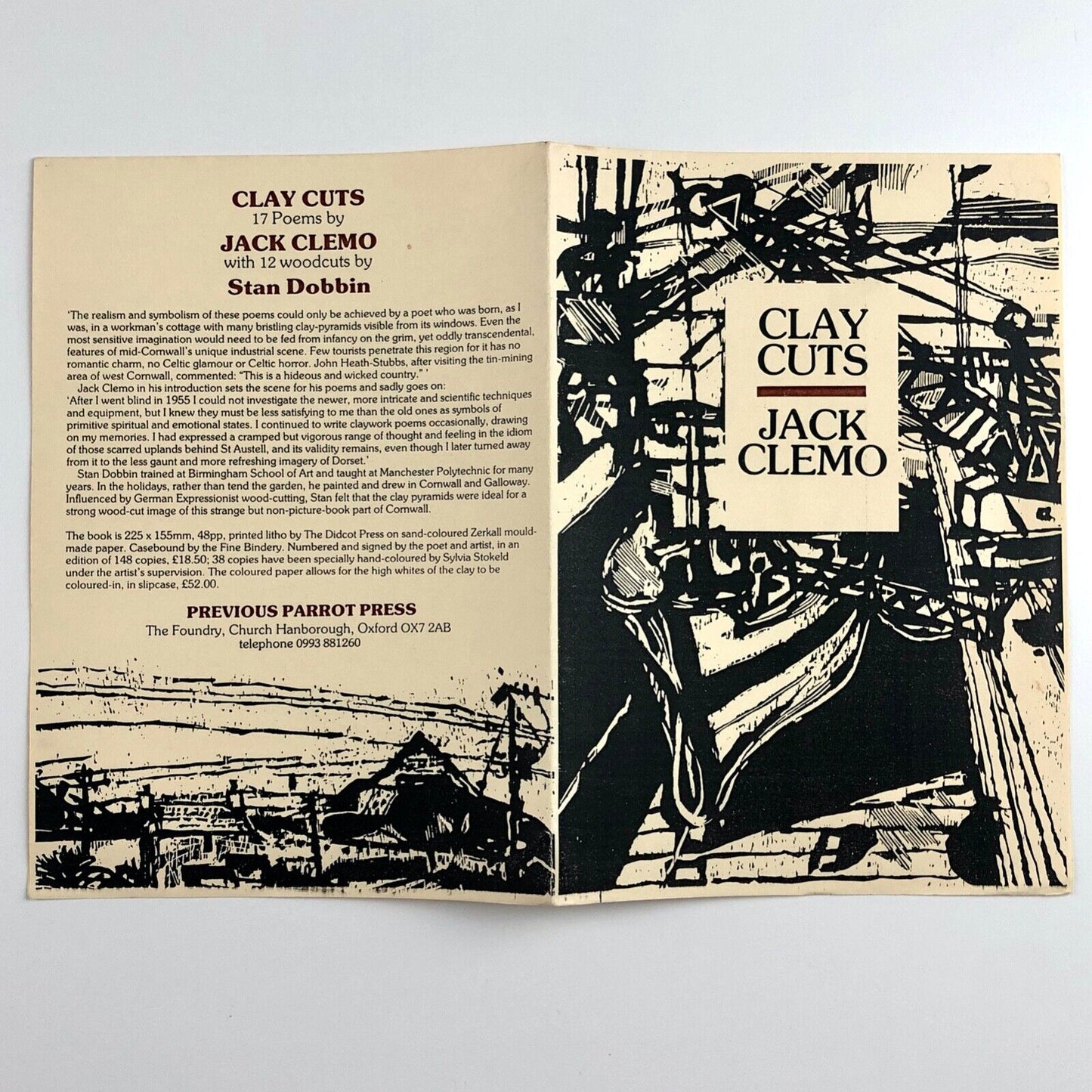 Leaflet to promote the publication Clay Cuts by Jack Clemo | woodcuts by Stan Dobbin, 1991 | Previous Parrot Press