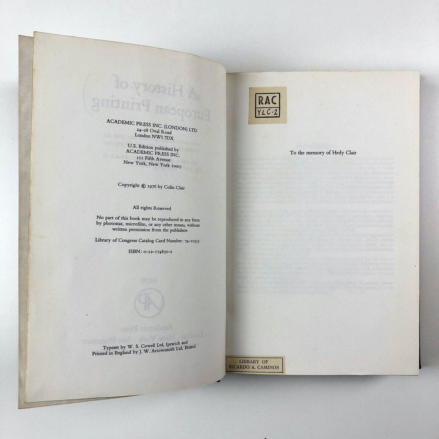 A History of European Printing Colin Clair | Academic Press 1976