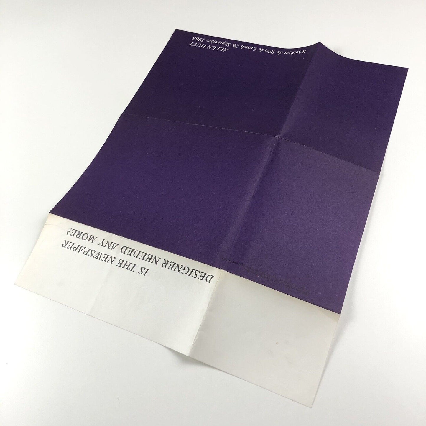 Allen Hutt. Printed typescript/keepsake for talk to the Wynkyn de Worde Lunch 26 September 1968 - 'Is the newspaper designer needed any more?'
