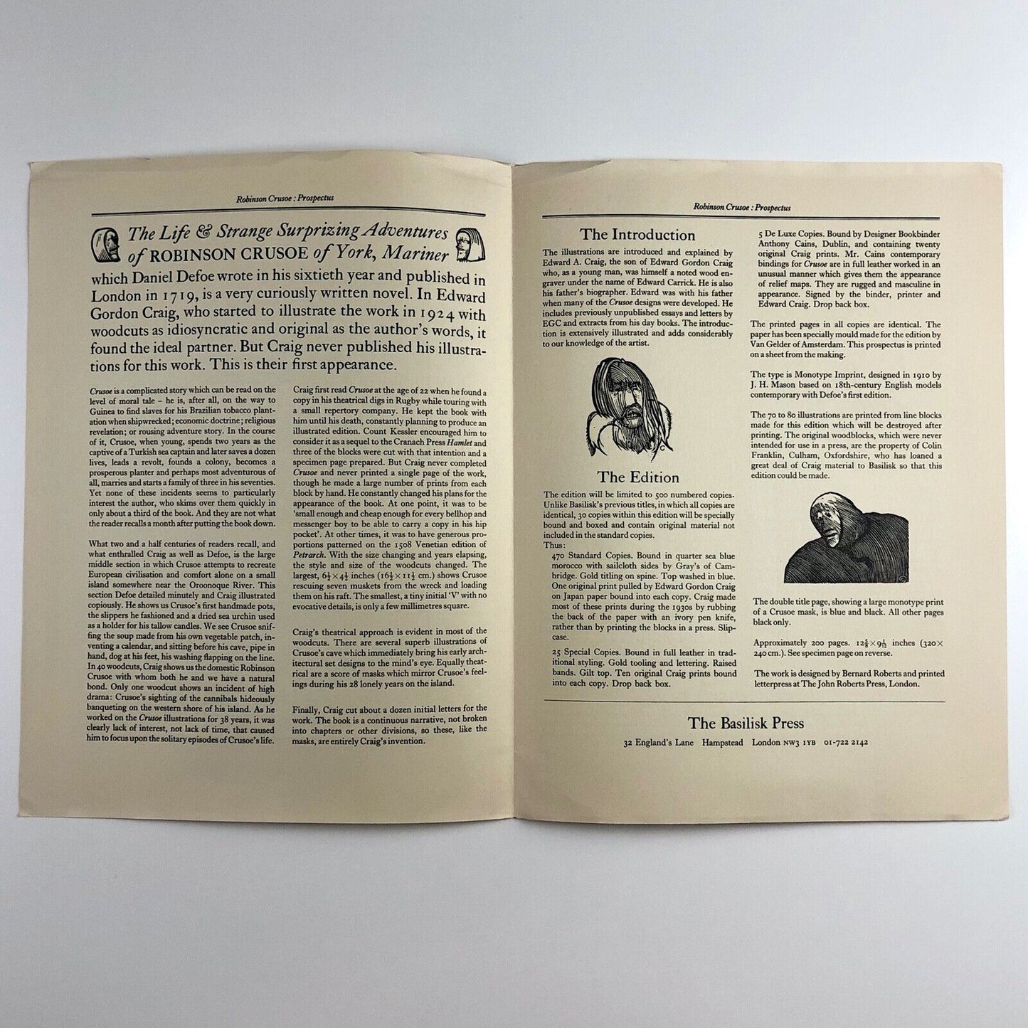 Prospectus for Daniel Defoe, Robinson Crusoe | Basilisk Press| illustrations by Edward Gordon Craig