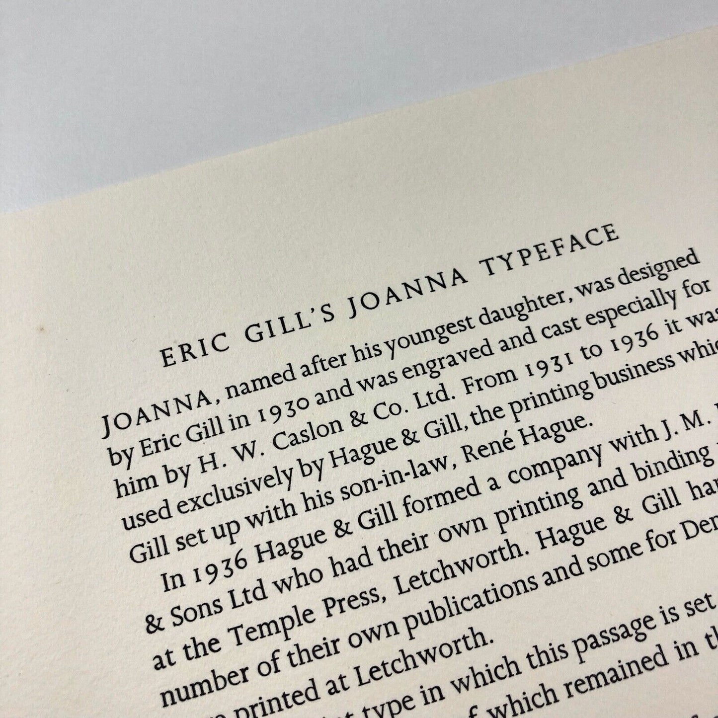 Eric Gill's Joanna Typeface | Letterpress ephemera sheet | Skelton's Press, 1981