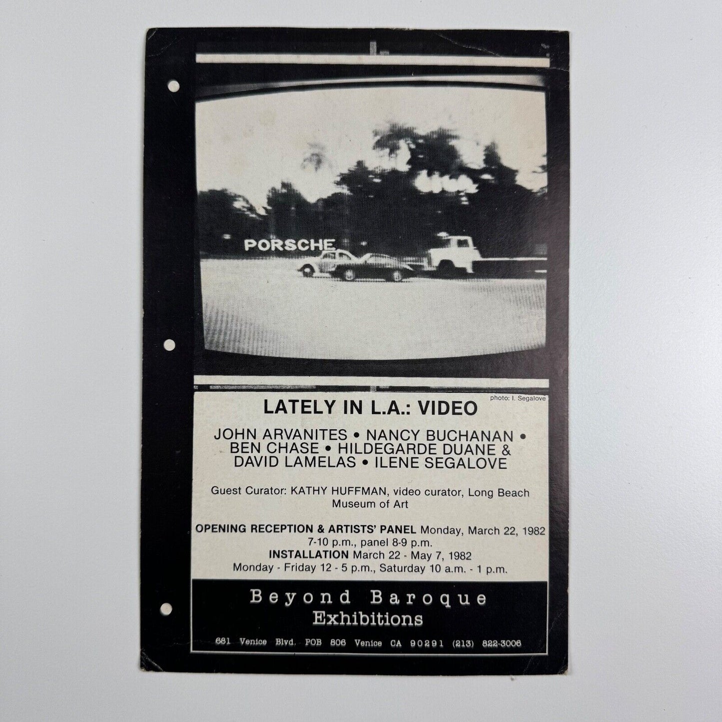 Promotional card for Lately in L.A.: Video. Curator Kathy Huffman. Long Beach Museum of Art installation held between 22 March and 7 May 1982. John Arvanites, Nancy Buchanan, Ben Chase, Hildegarde Duane & David Lamelas, Ilene Segalove