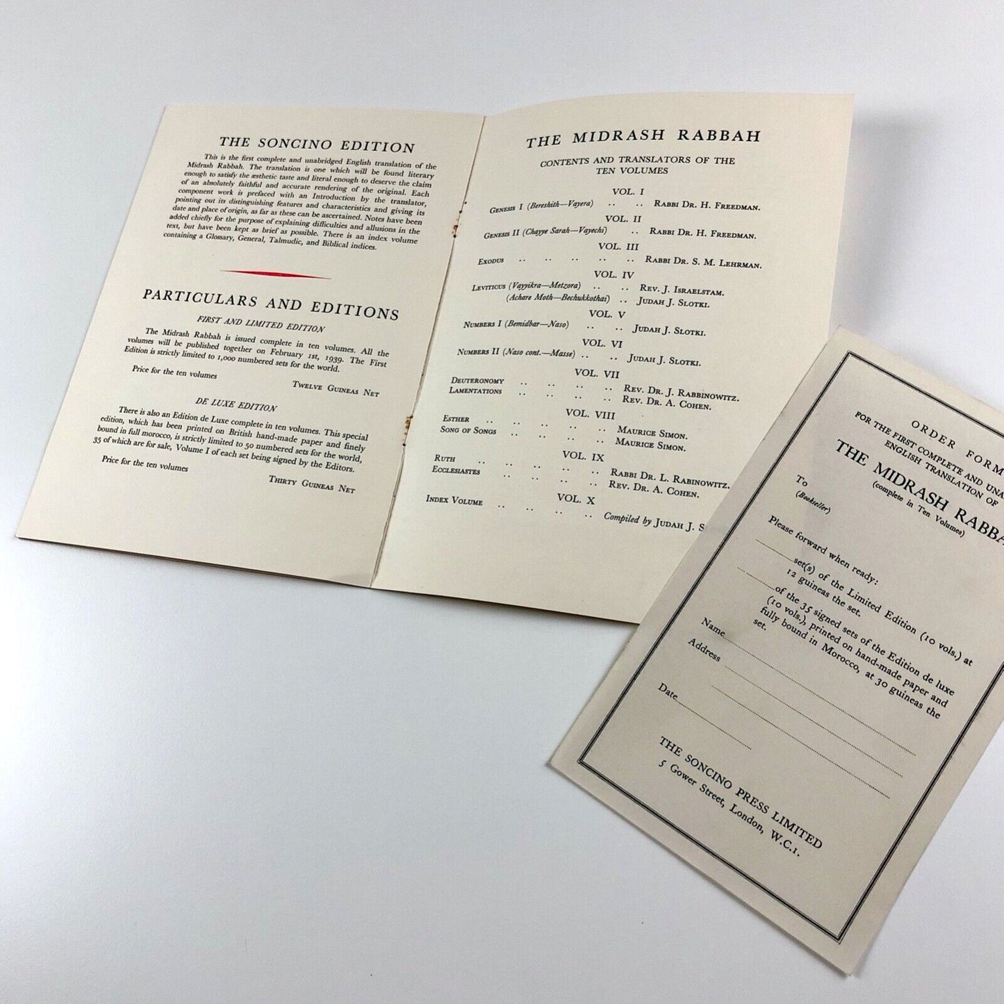 Prospectus for The Midrash Rabbah | edited by Rabbi Dr. H. Freedman | The Soncino Press 1939