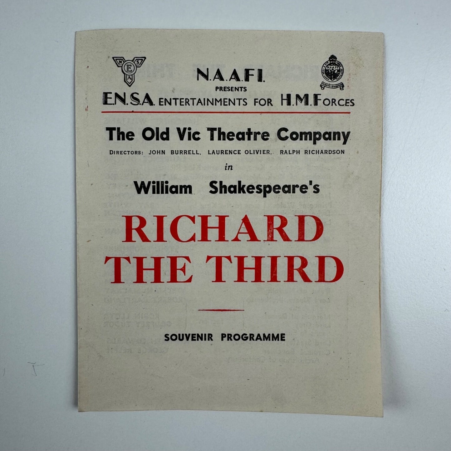 Programme Richard III William Shakespeare | Laurence Oliver, Ralph Richardson, Maurice Kestelman, Dora Zinkeisen, 1944