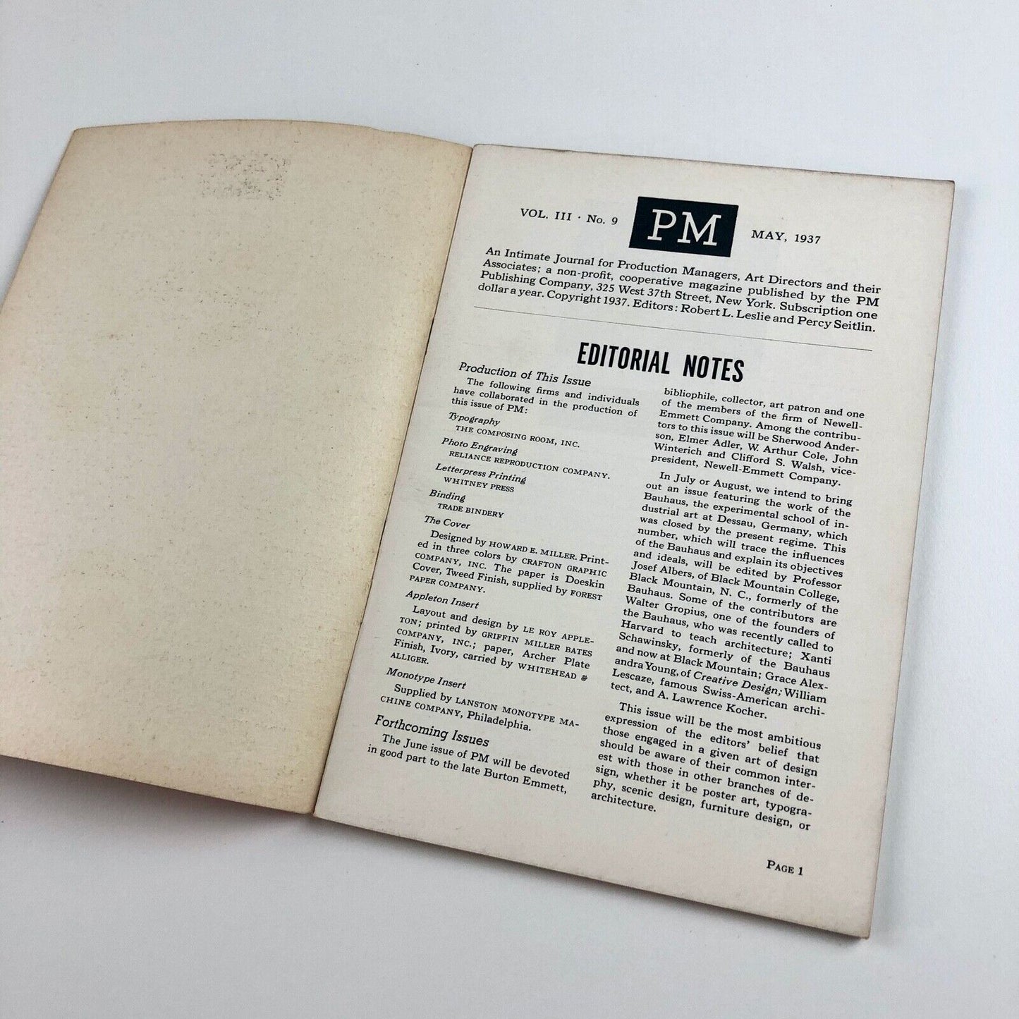 PM No.33 – An intimate journal for production managers, art directors and their associates | Volume III, Number 9 | May 1937 | Edited by Robert L. Leslie and Percy Seitlin
