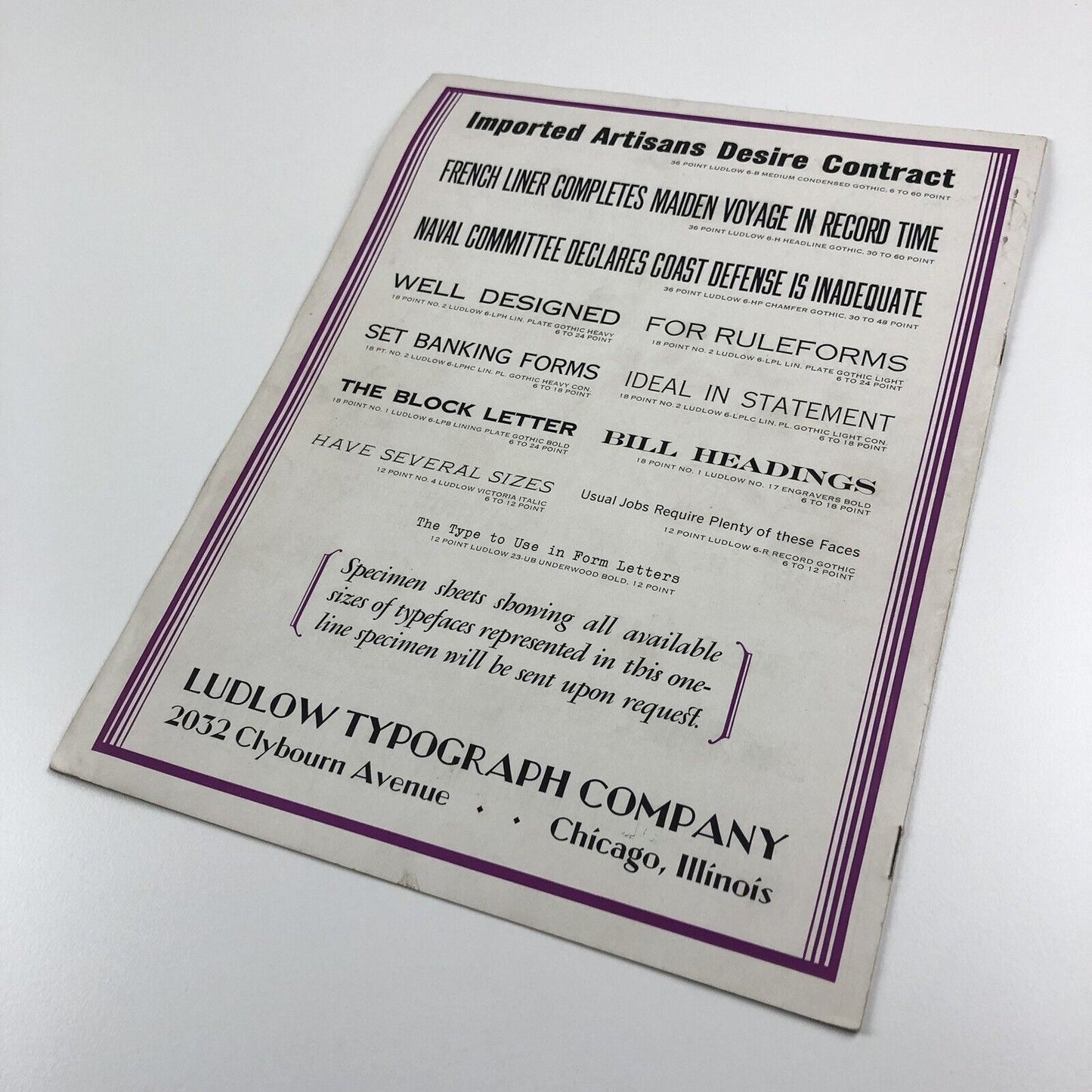 One-Line Specimens of Ludlow Typefaces | Type specimens booklet | Ludlow Typograph Company, Chicago | Undated, 1930s?
