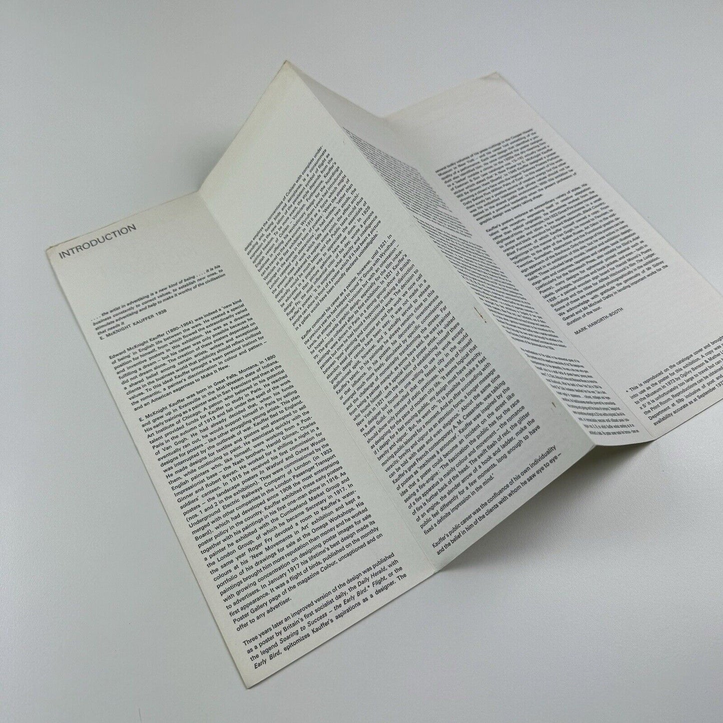Folding card guide for E.McKnight Kauffer: Poster Art 1915-1940 travelling exhibition organised by V&A Circulation Dept 1973