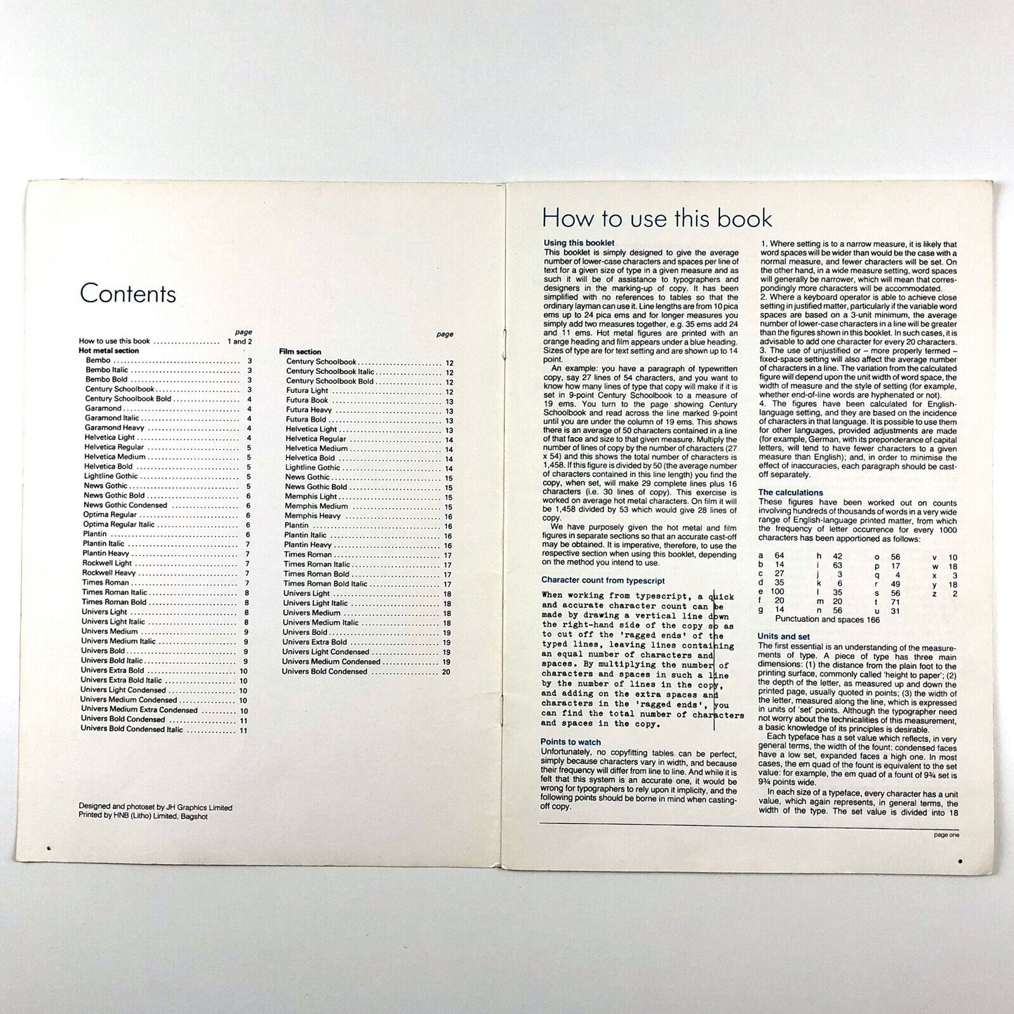 Copyfitting book showing average number of lower case characters contained in given measures | Booklet produced by J.H. Graphics Ltd.