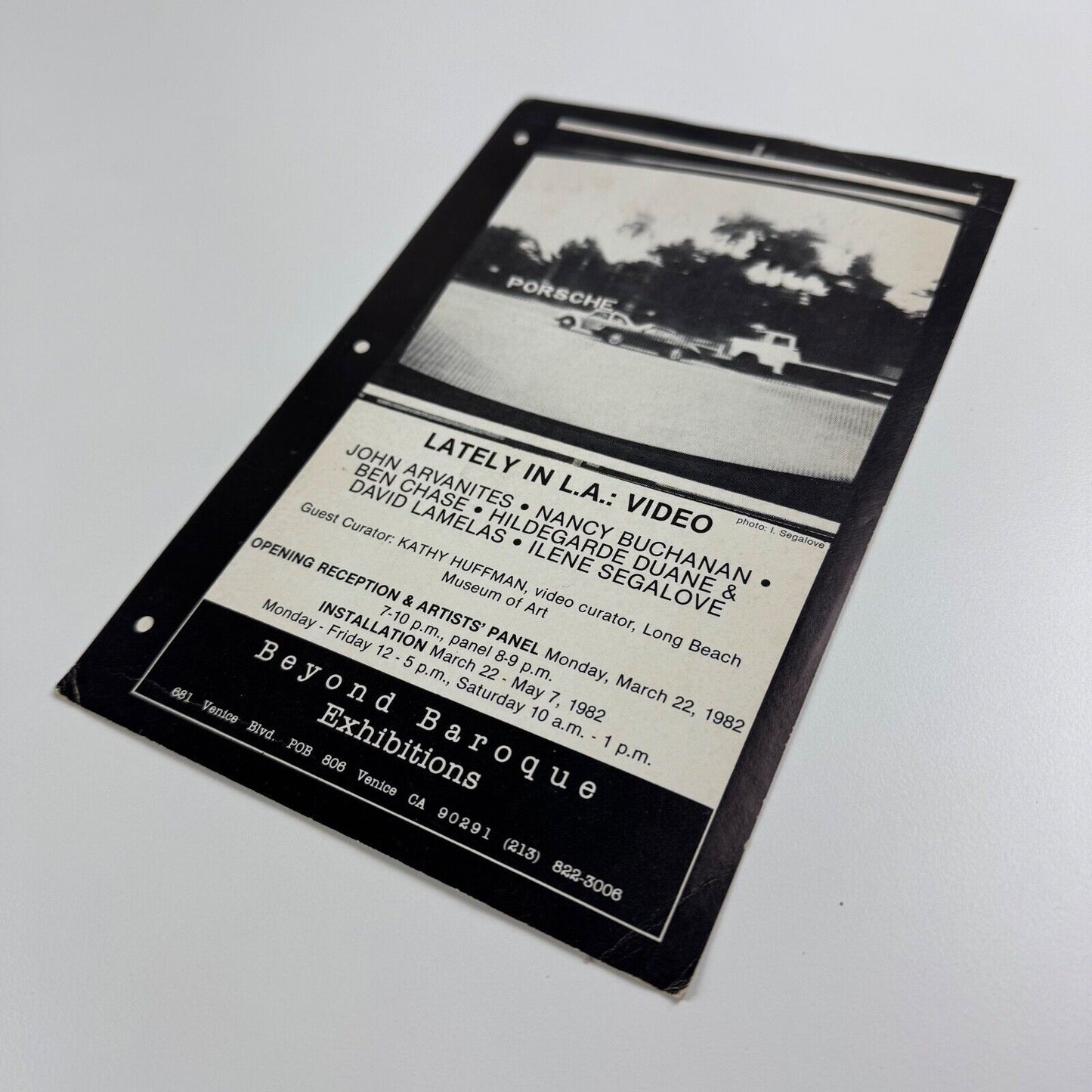 Promotional card for Lately in L.A.: Video. Curator Kathy Huffman. Long Beach Museum of Art installation held between 22 March and 7 May 1982. John Arvanites, Nancy Buchanan, Ben Chase, Hildegarde Duane & David Lamelas, Ilene Segalove