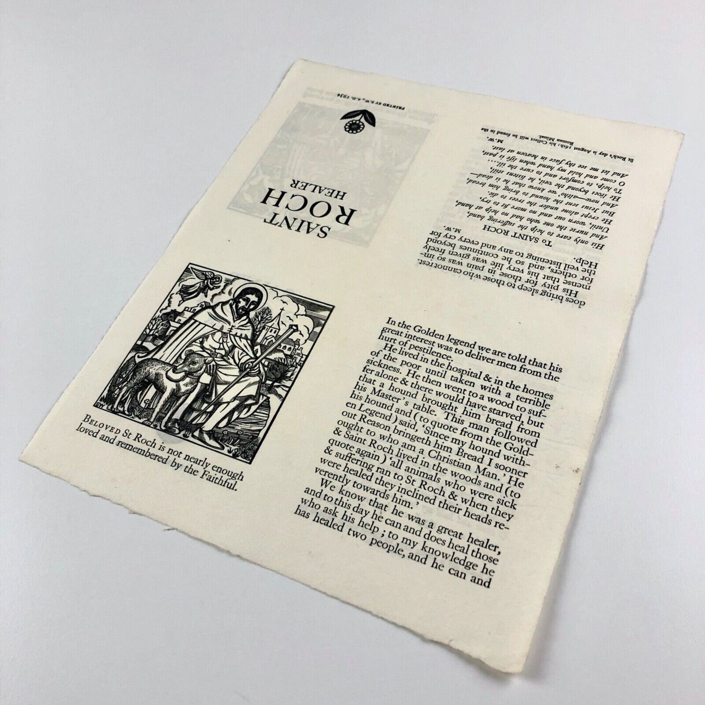 Saint Roch Healer. Leaflet as broadsheet. Printed by 'E.W.' Edward Walters, 1934