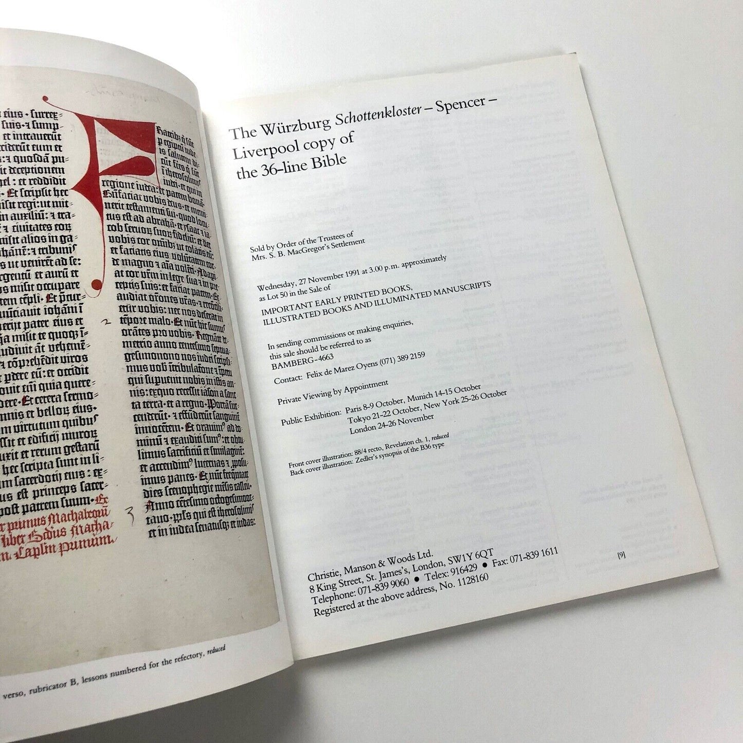 The Würzburg Schottenkloster – Spencer – Liverpool Copy of the 36-line Bible | Christie's auction catalogue, 1991