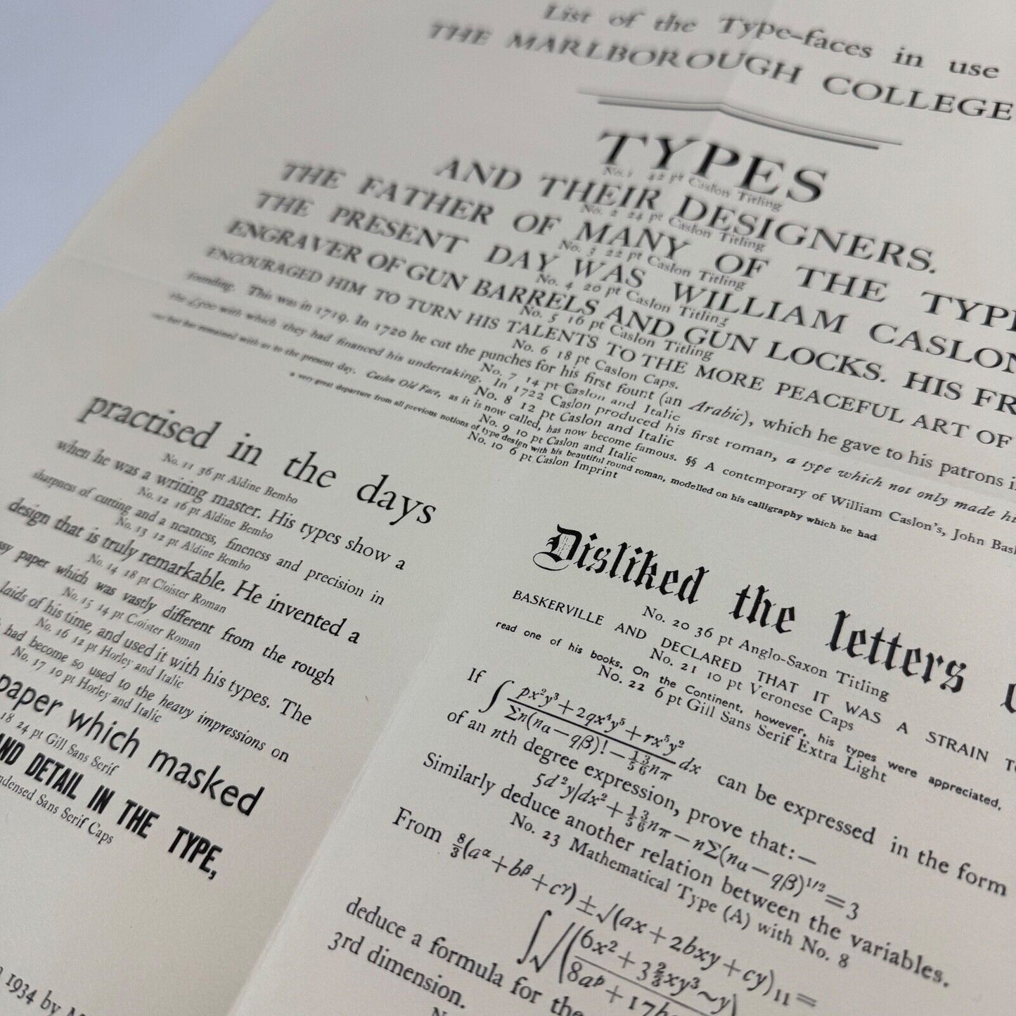 Broadsheet Type-faces in use at The Marlborough College Press undated