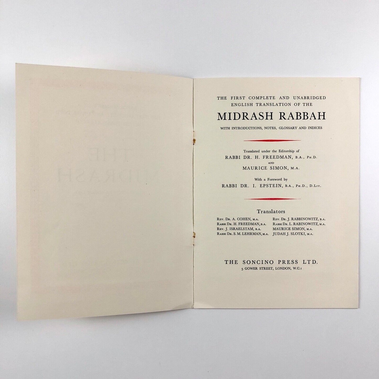Prospectus for The Midrash Rabbah | edited by Rabbi Dr. H. Freedman | The Soncino Press 1939