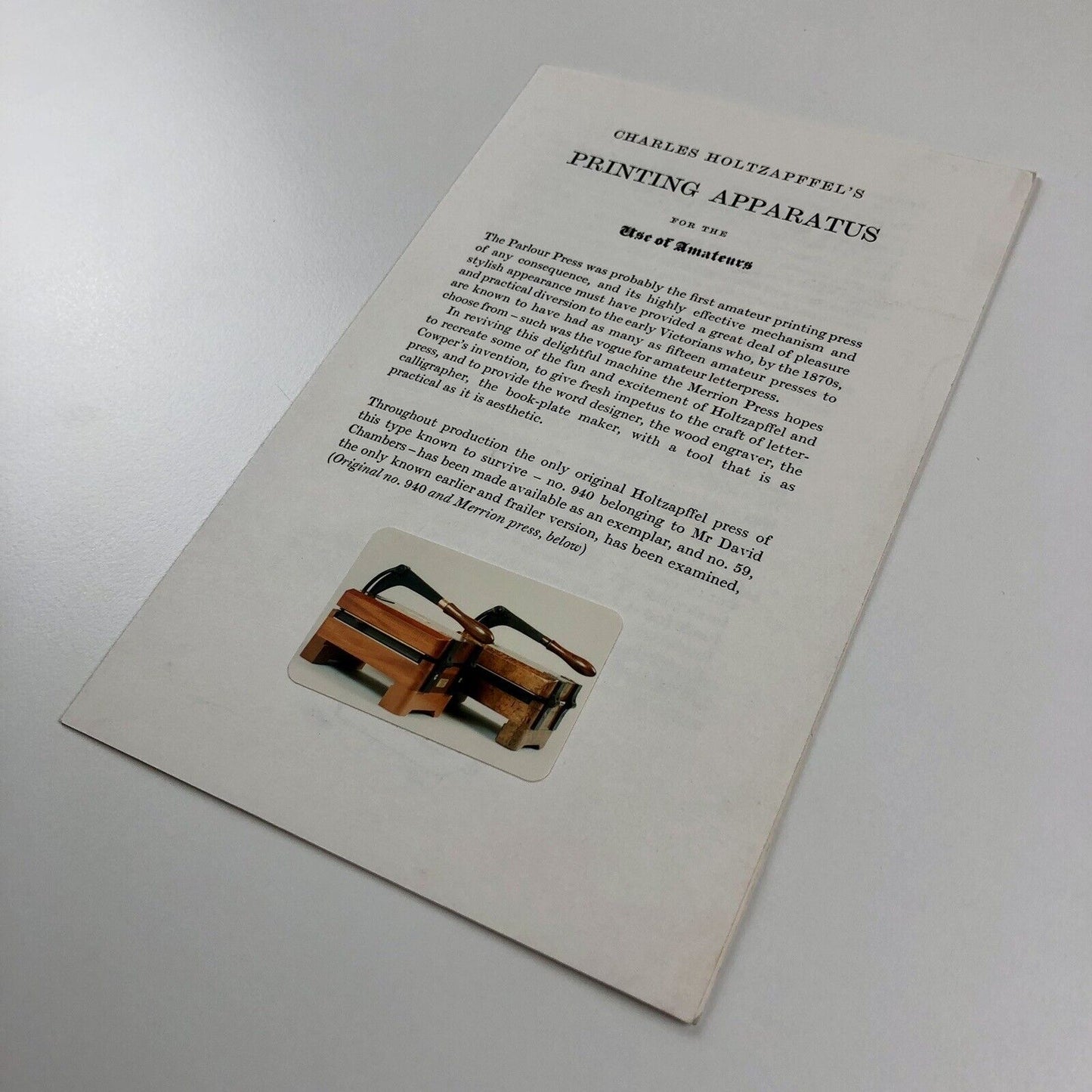 Leaflet and order form for Charles Holtzapffel’s Printing Apparatus for the use of Amateurs by The Parlour Press | Undated, possibly 1971