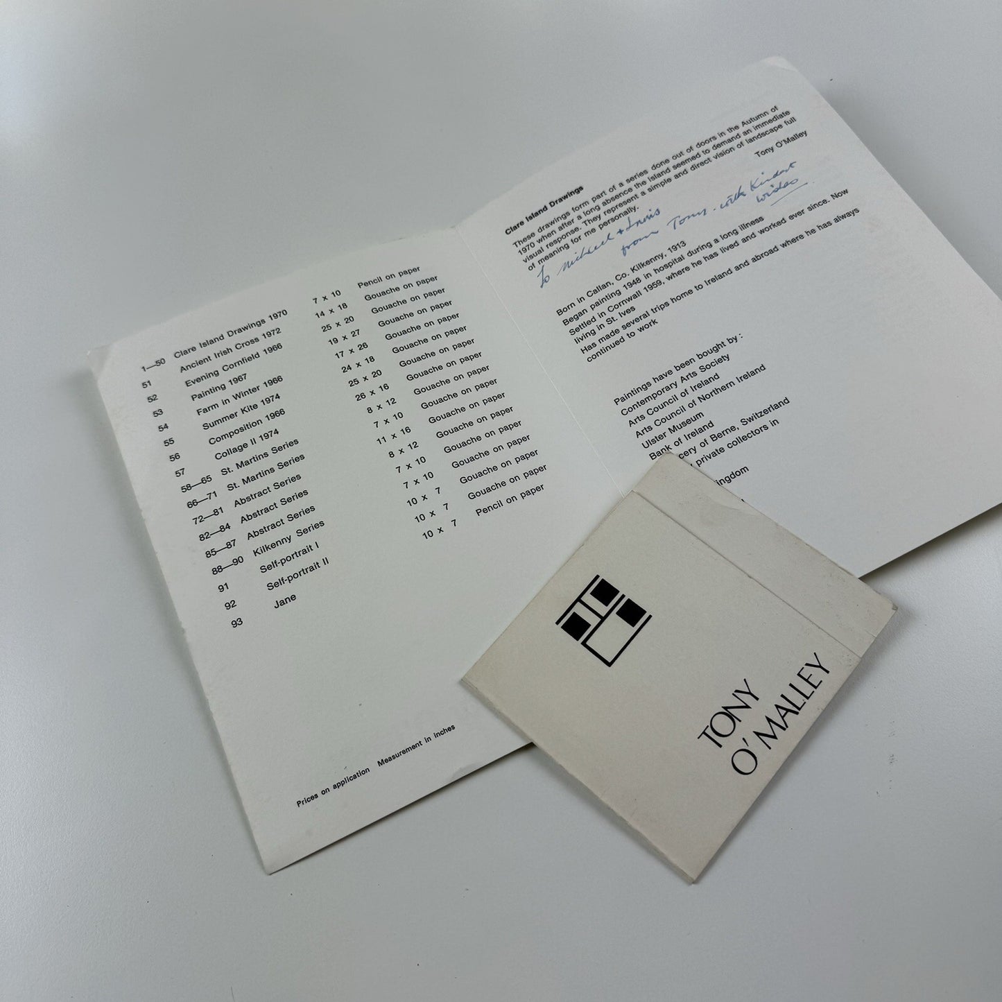 Tony O'Malley – Folded card and Private View invite | Tom Caldwell Galleries Dublin | Signed