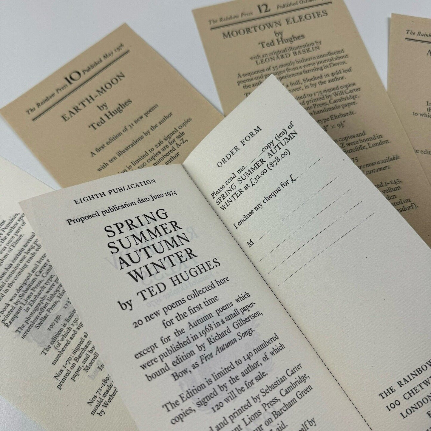 Five leaflets for The Rainbow Press relating to books by Ted Hughes – 1970s | Fine Limited First Editions