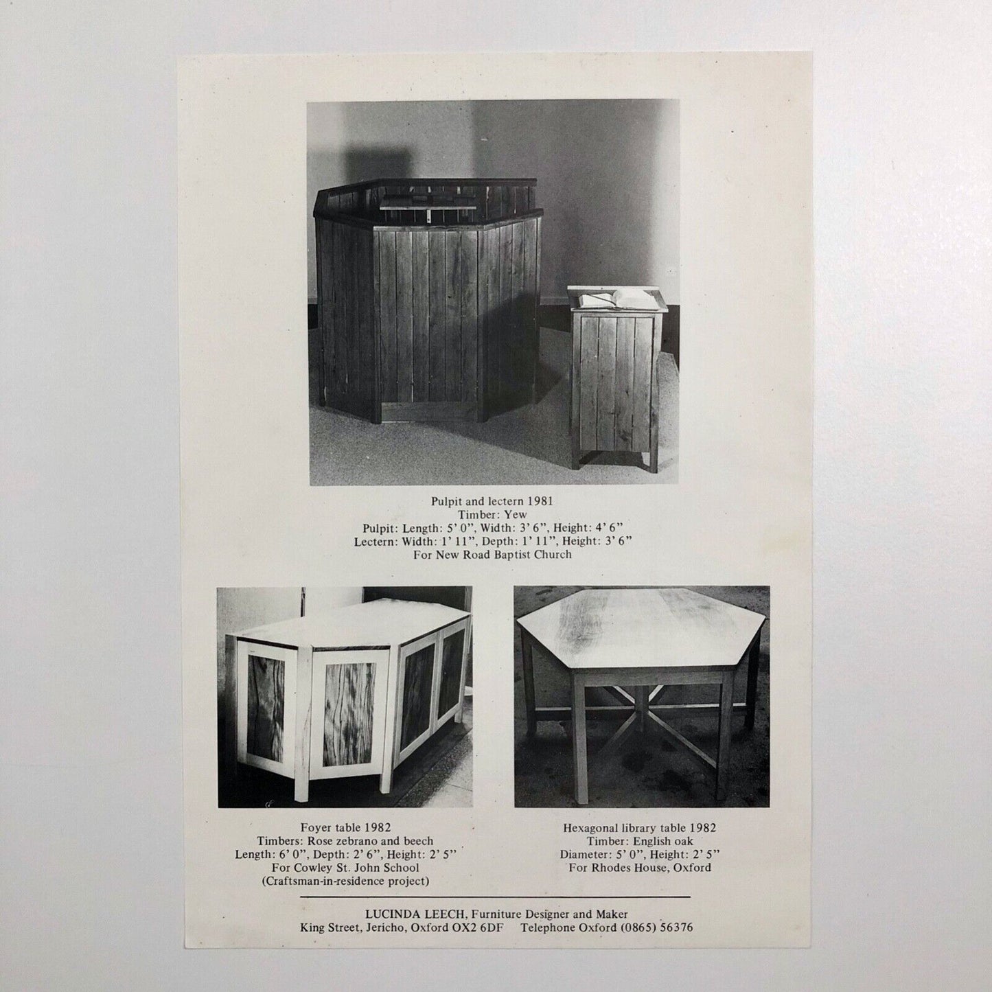 Lucinda Leech. Furniture Designer and Maker. Promotional folder with seven inserts - undated