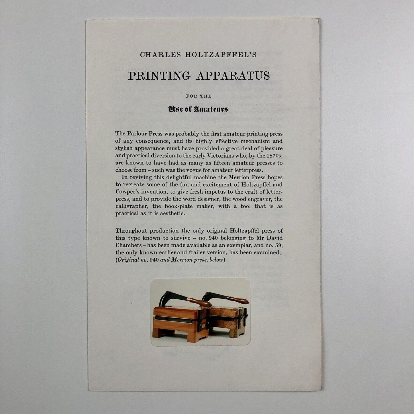 Leaflet and order form for Charles Holtzapffel’s Printing Apparatus for the use of Amateurs by The Parlour Press | Undated, possibly 1971