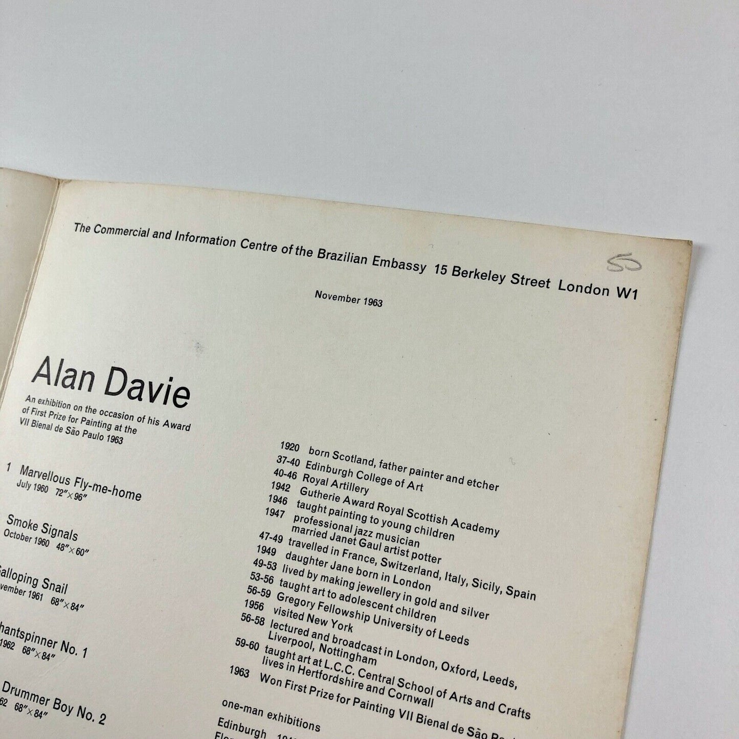 Alan Davie | Exhibition leaflet, Brazilian Embassy London | Sãu Paulo Bienal, 1963