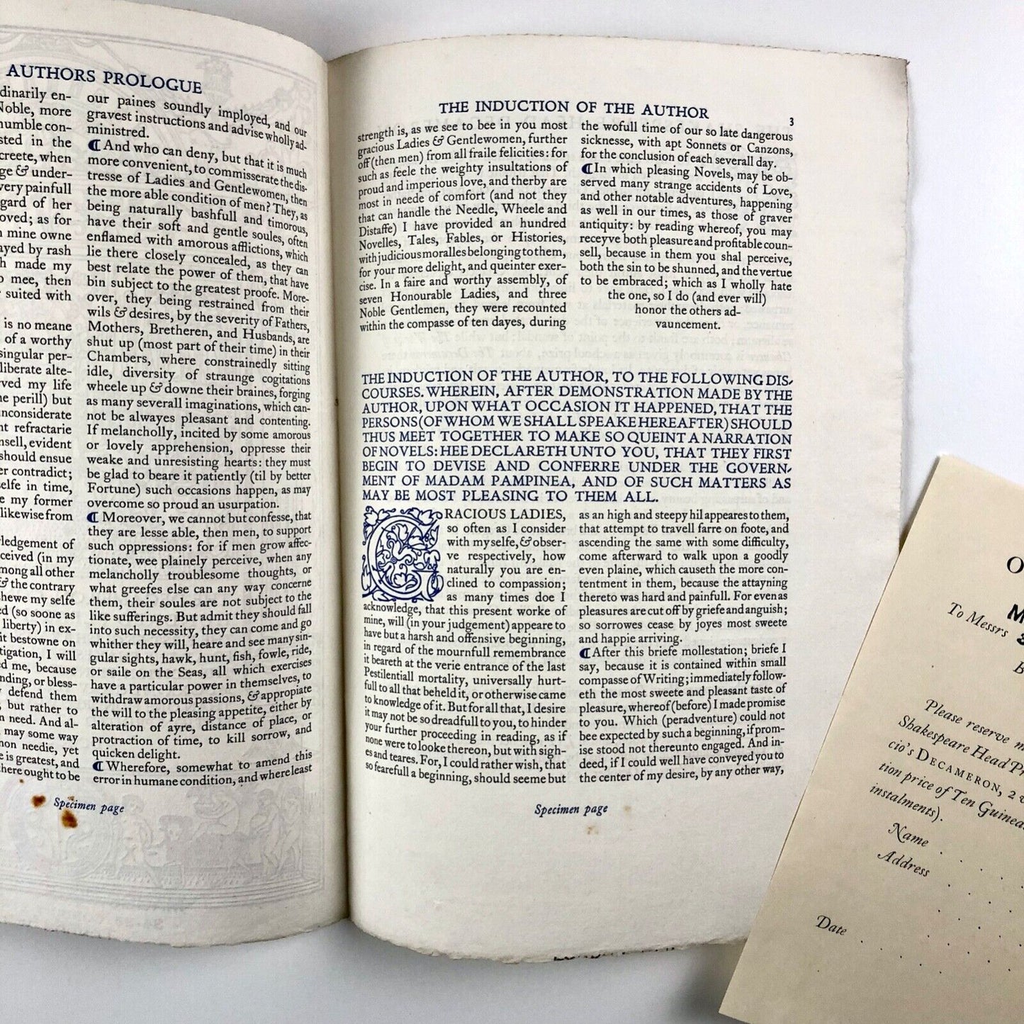 Prospectus for The Decameron Shakespeare Head Press | Edition printed by Isaac Jaggard at The Shakespeare Head Press. First English translation reprint | Maggs Bros, 1938
