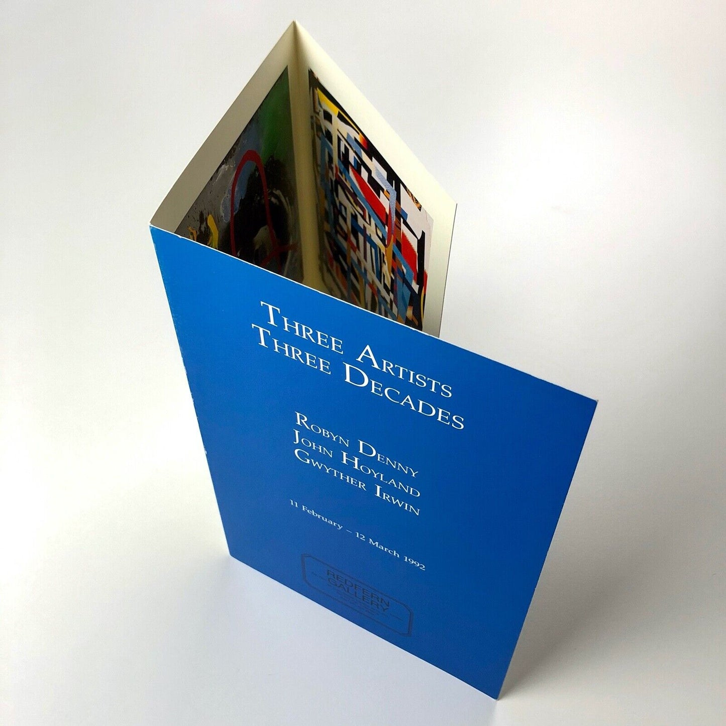 Folding card for Three Artists Three Decades: Robyn Denny, John Holland, Gwyther Irwin | Redfern Gallery, 1992