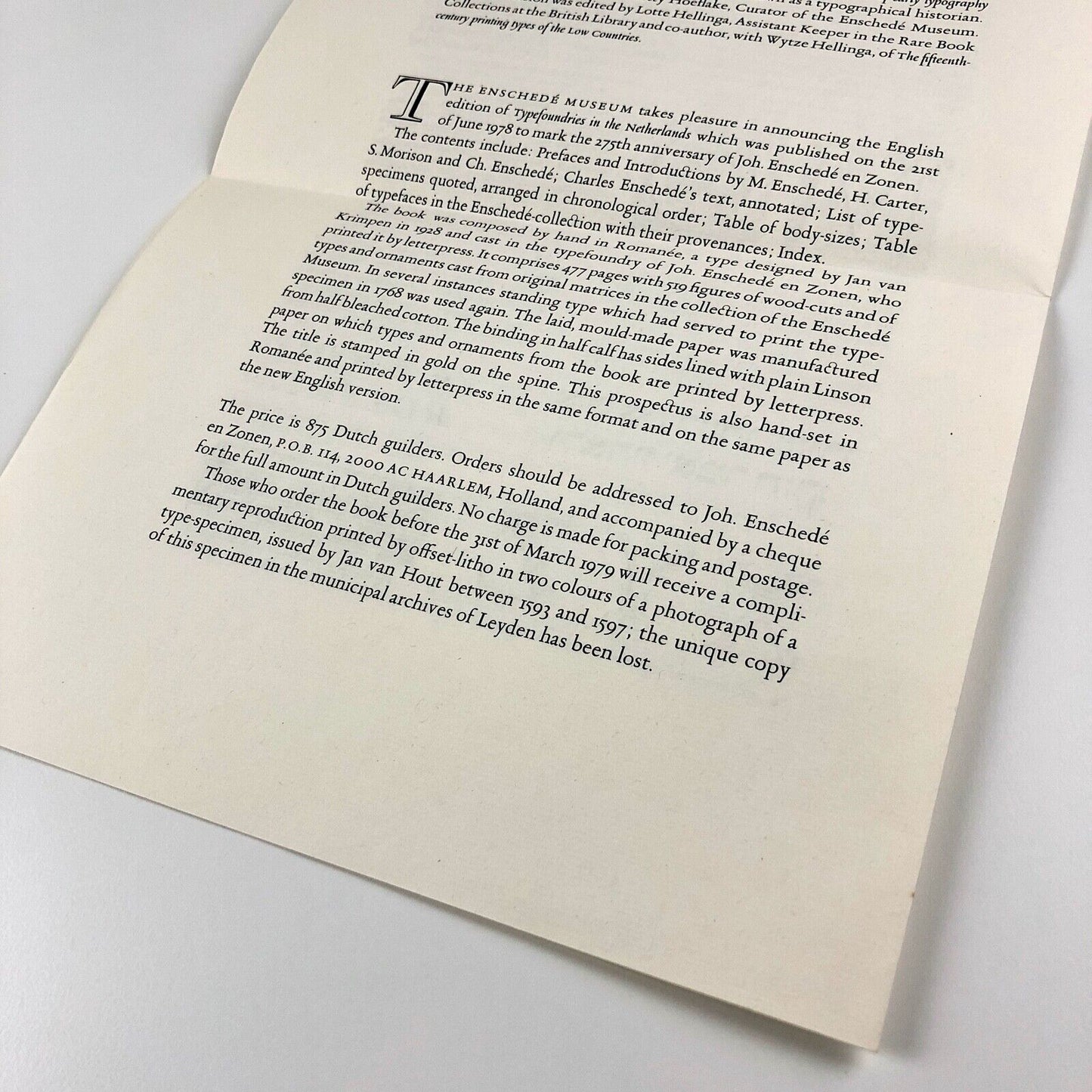 Typefoundries in the Netherlands | Charles Enschedé | Prospectus leaflet, 1978