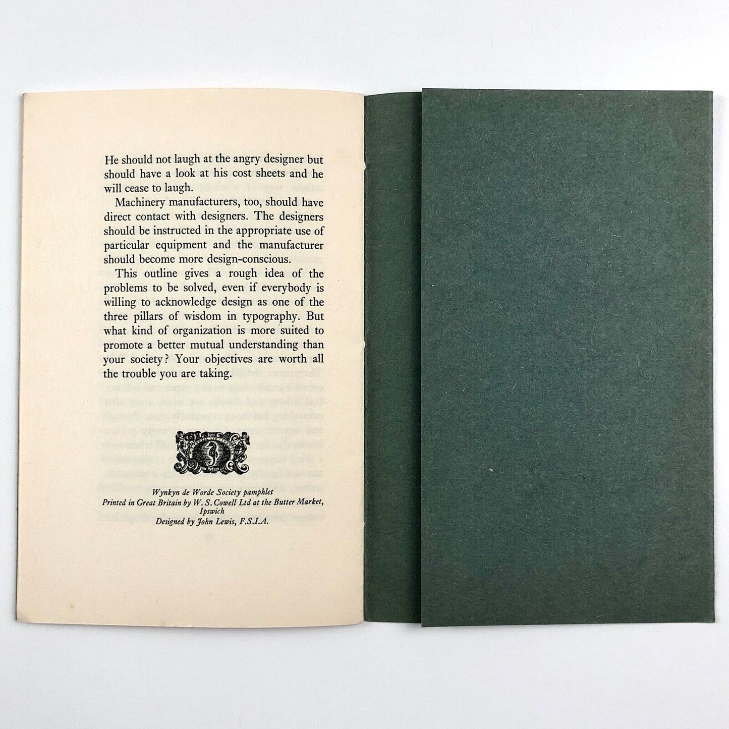 Fitting Design Into Hard Business by G.W. Ovink | Wynkyn de Worde Society, 1961 inscribed. Designed by John Lewis