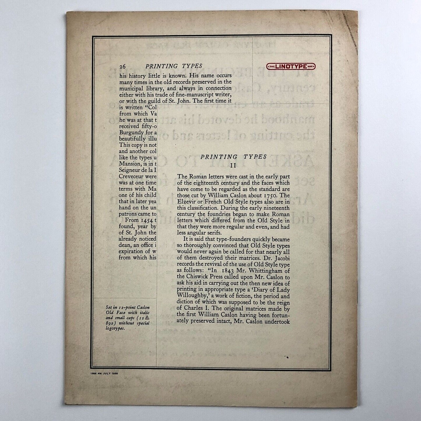 Linotype Caslon Old Face Series specimen booklet | Linotype & Machinery, 1930