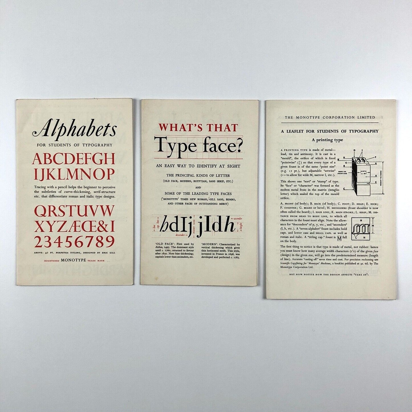 3 x Monotype type specimen leaflets | Student guides to typography