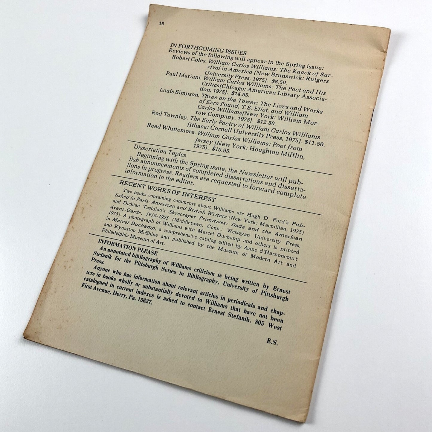 William Carlos Williams Newsletter | Volume 1, Number 1, Fall 1975