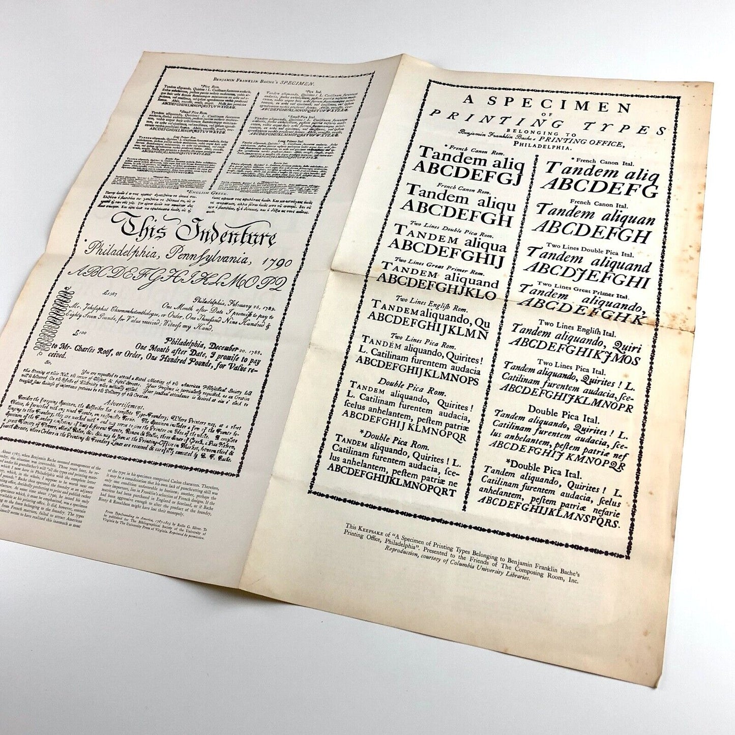 Keepsake presented to the Friends of The Composing Room, Inc. A Specimen of Printing Types Benjamin Franklin Bache's Printing Office